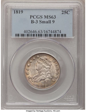 image for: 1819 25C Small 9 MS63 PCGS....