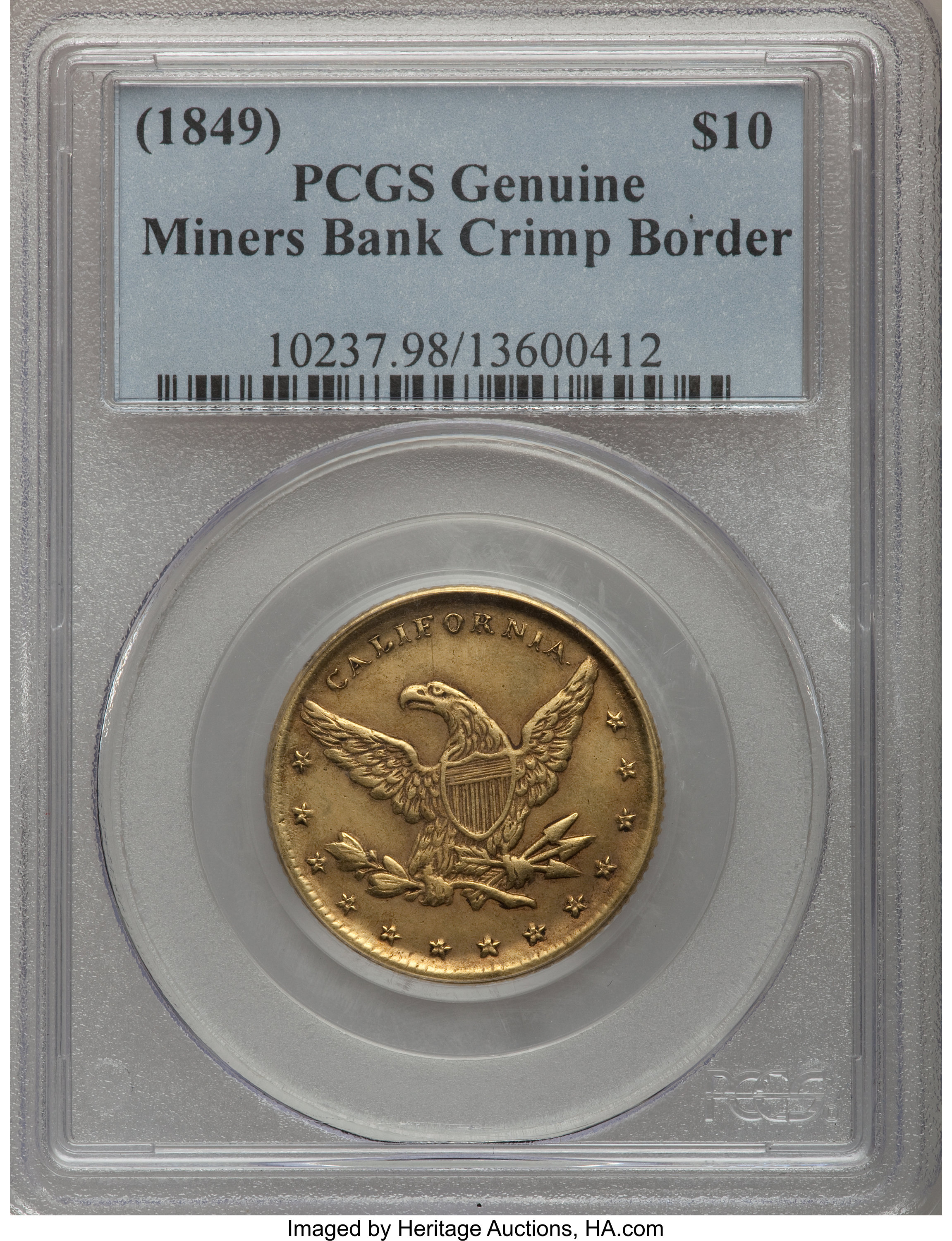 (1849) Miners Bank Crimped Border $10 MS  thumbnail 2