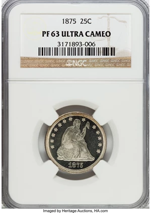 image for: 1875 Seated Quarter PR63 Ultra Cameo NGC....