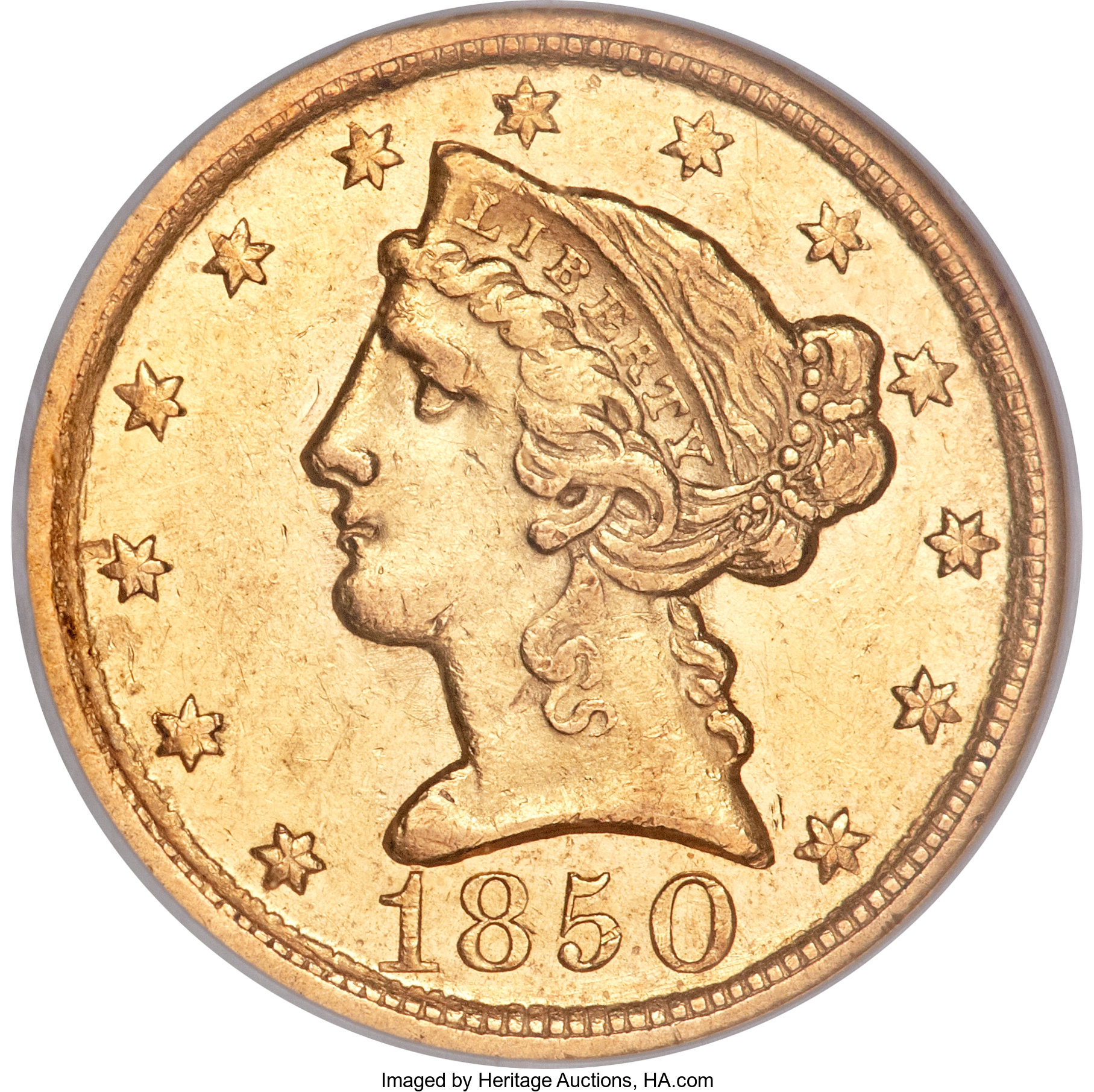 image for: 1850-D $5 Weak D AU58 NGC....