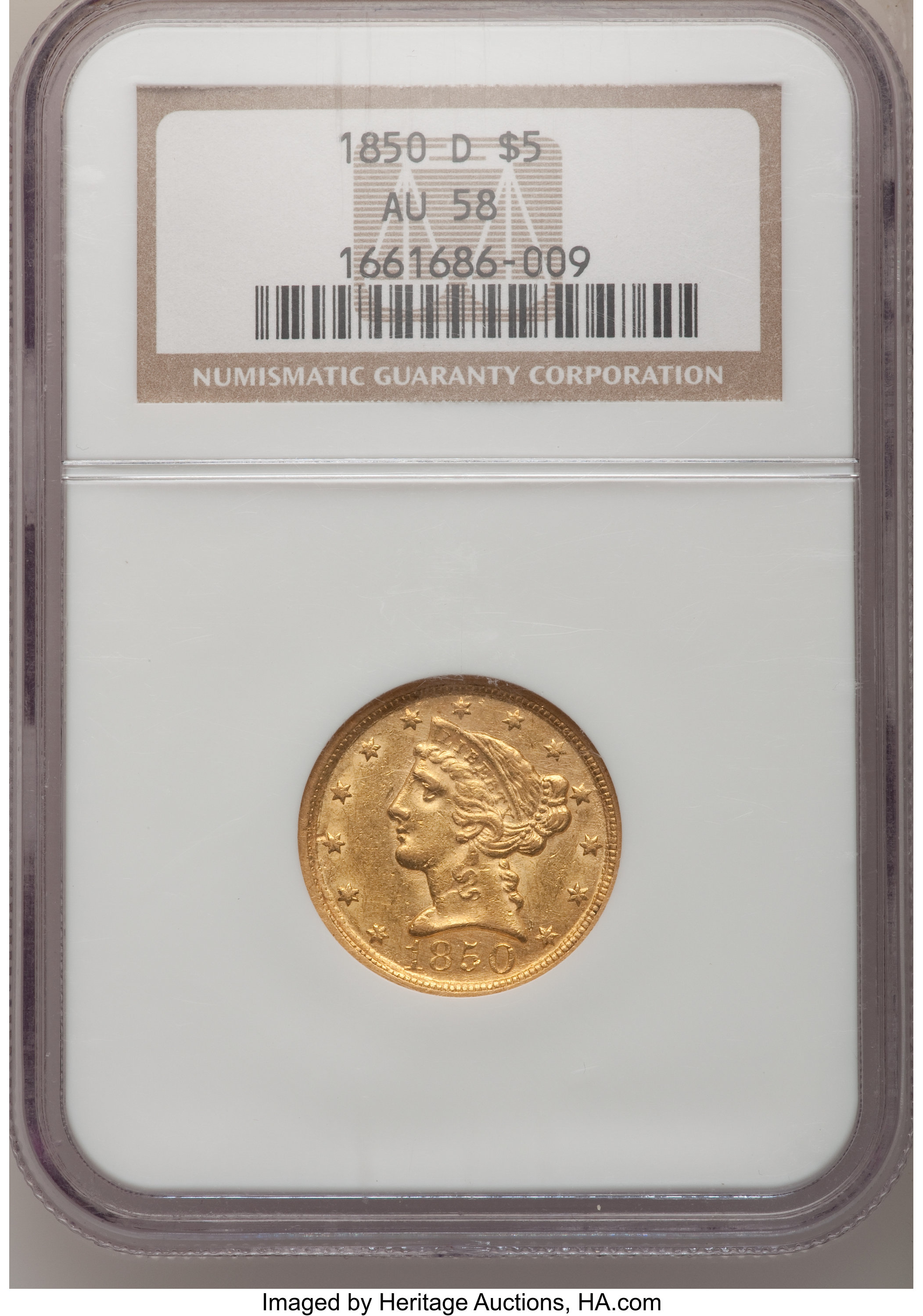 image for: 1850-D $5 Weak D AU58 NGC....