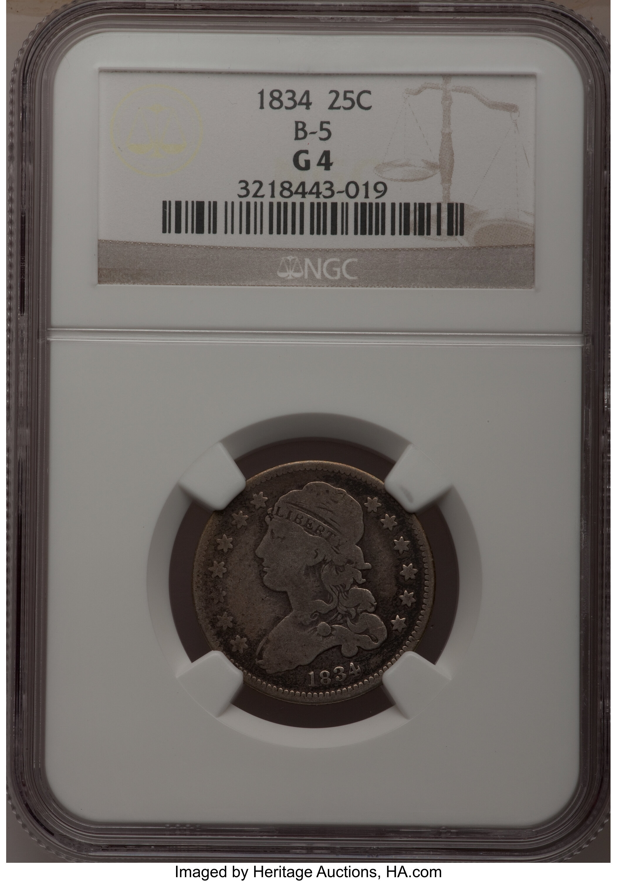 1834 25C Good 4 NGC. B-5. NGC Census: (1/387). PCGS Population (1/502). Mintage: 286,000. Numismedia Wsl. Price for proble...