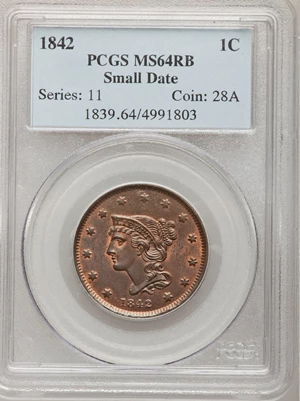 image for: 1842 1C Small Date MS64 Red and Brown PCGS....