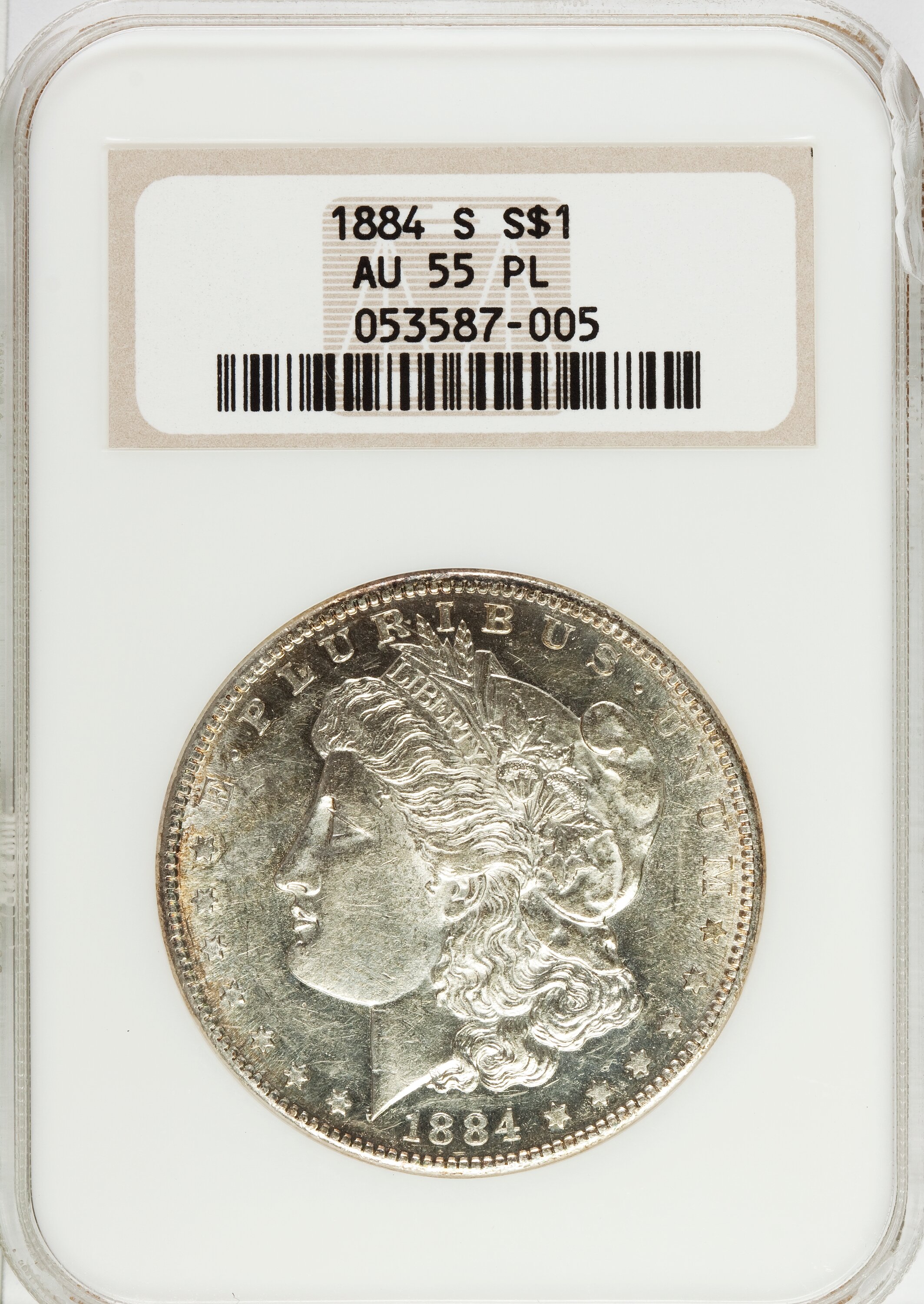 1884-S $1 AU55 Prooflike NGC. NGC Census: (28/26). PCGS Population (0/3). Numismedia Wsl. Price for problem free NGC/PCGS ...