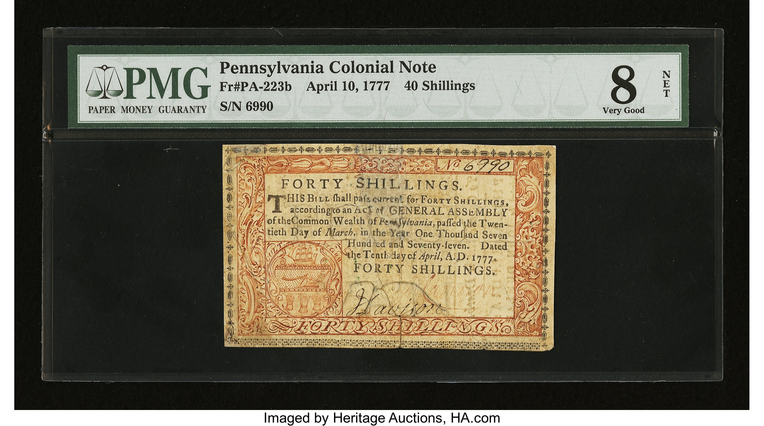 image for: Pennsylvania April 10, 1777 40s PMG Very Good 8 Net....