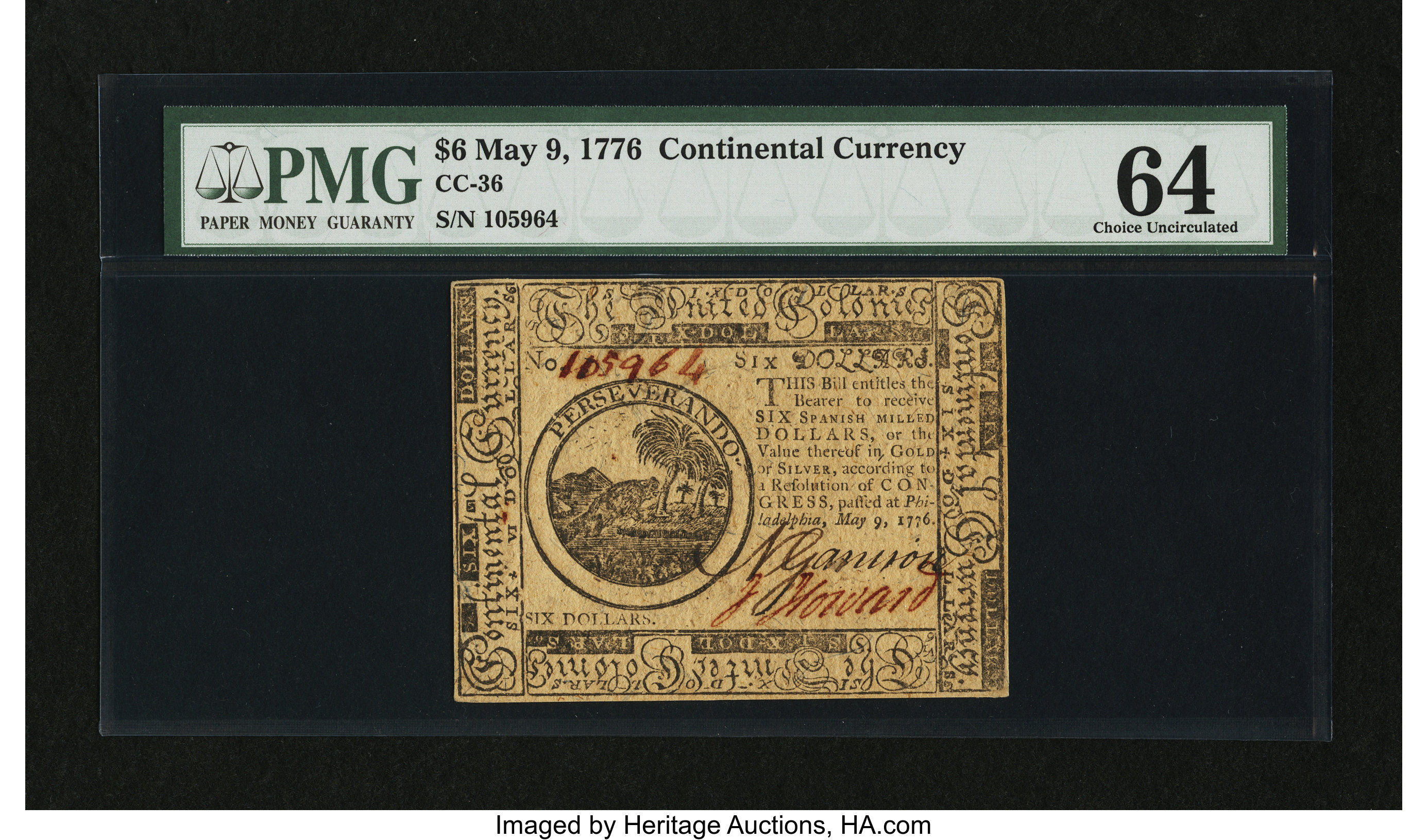 image for: Continental Currency May 9, 1776 $6 PMG Choice Uncirculated 64....