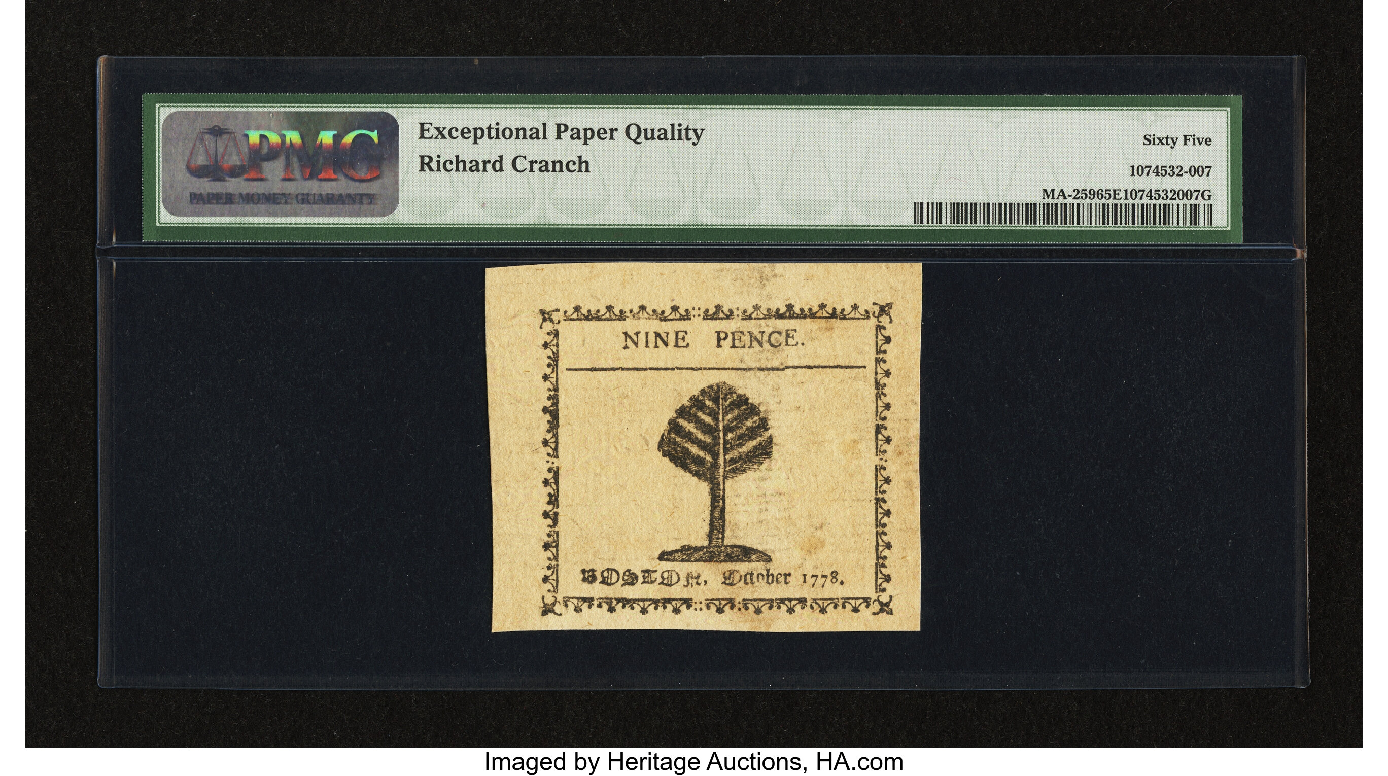 image for: Massachusetts October 16, 1778 9d PMG Gem Uncirculated 65 EPQ....