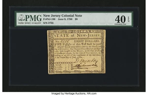 image for: New Jersey June 9, 1780 $8 PMG Extremely Fine 40 EPQ....