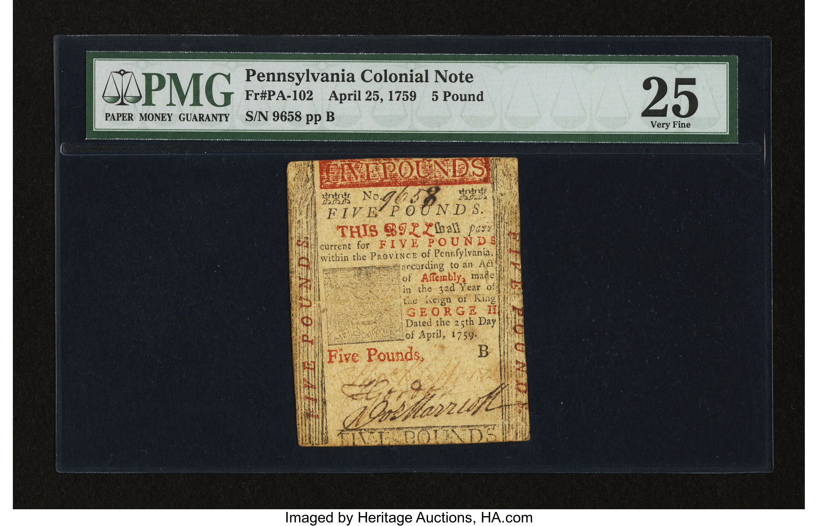 image for: Pennsylvania April 25, 1759 £5 PMG Very Fine 25....