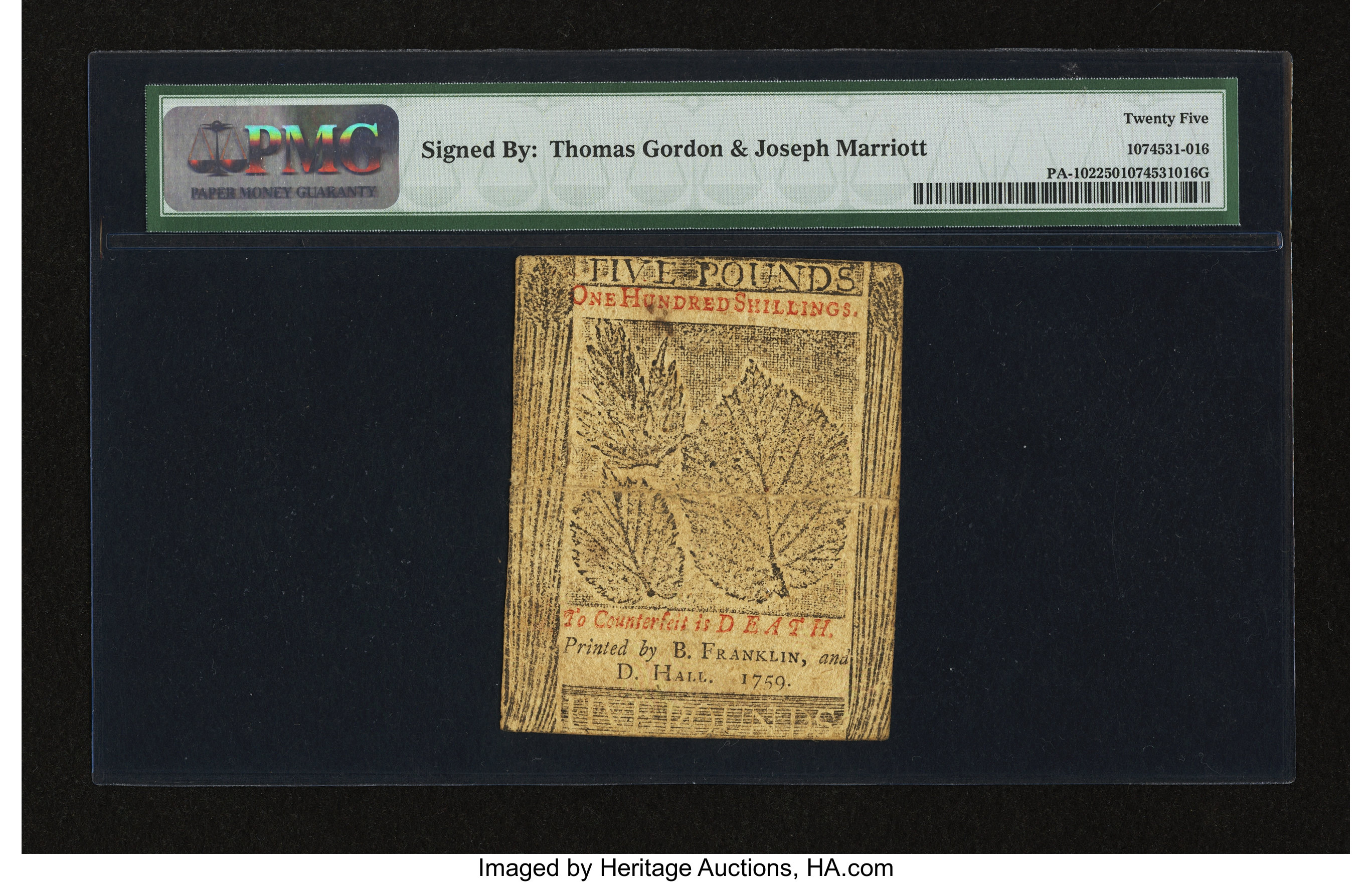 image for: Pennsylvania April 25, 1759 £5 PMG Very Fine 25....