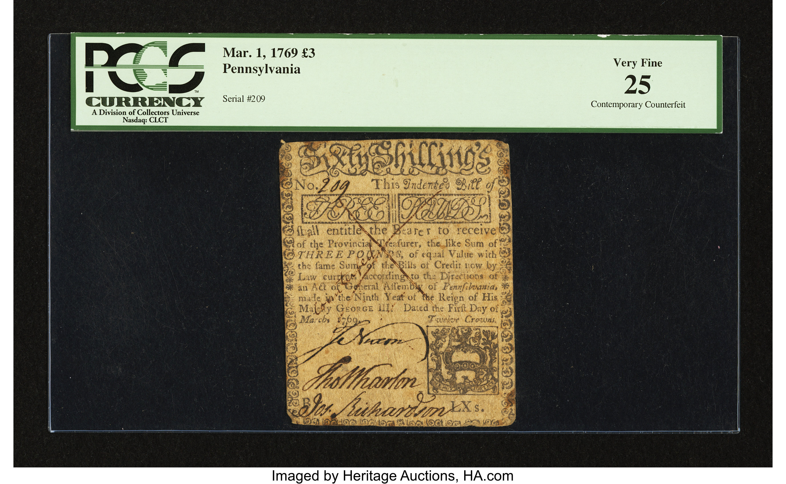 image for: Pennsylvania March 1, 1769 £3 Contemporary Counterfeit PCGS Very Fine 25....
