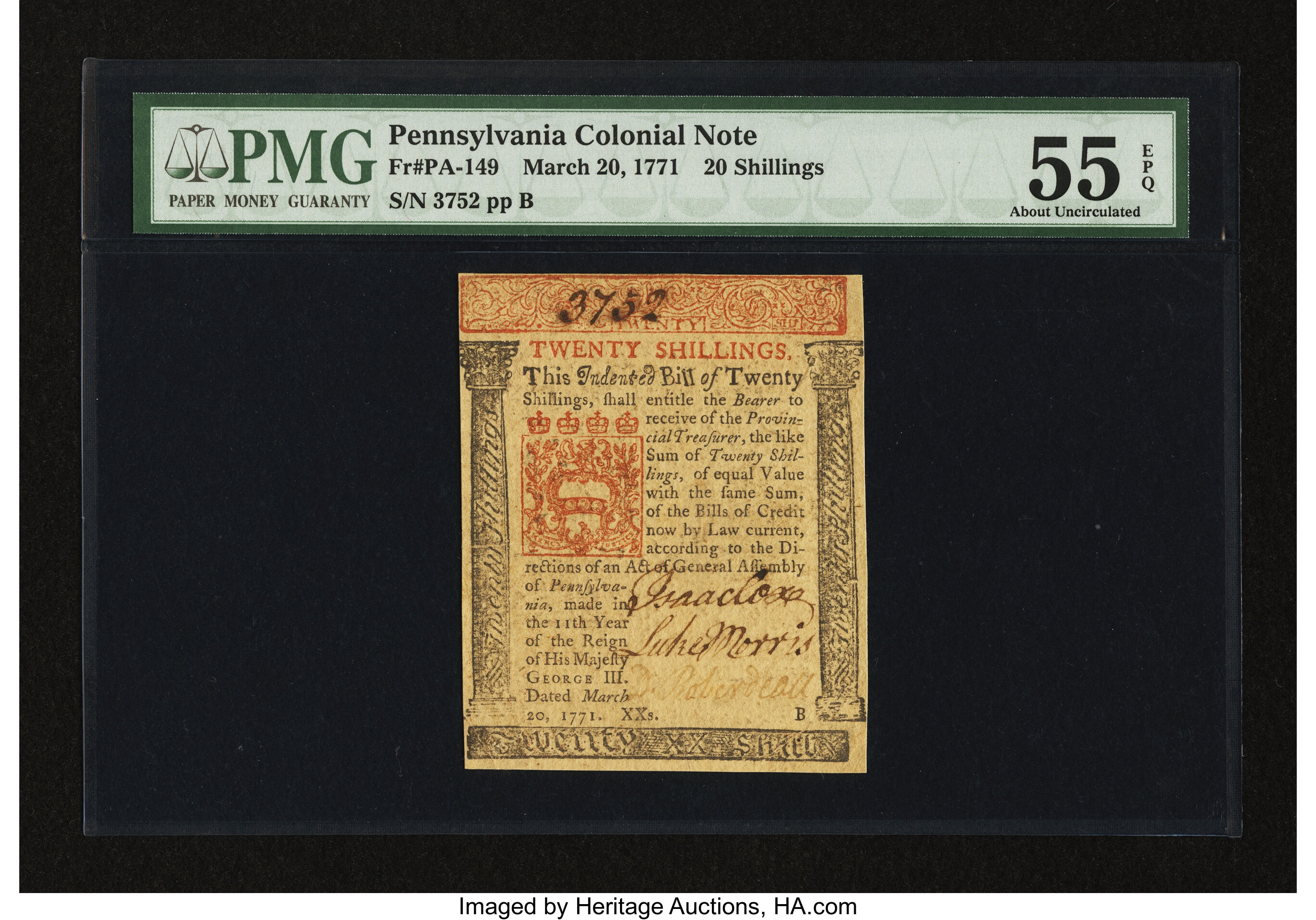 image for: Pennsylvania March 20, 1771 20s PMG About Uncirculated 55 EPQ....