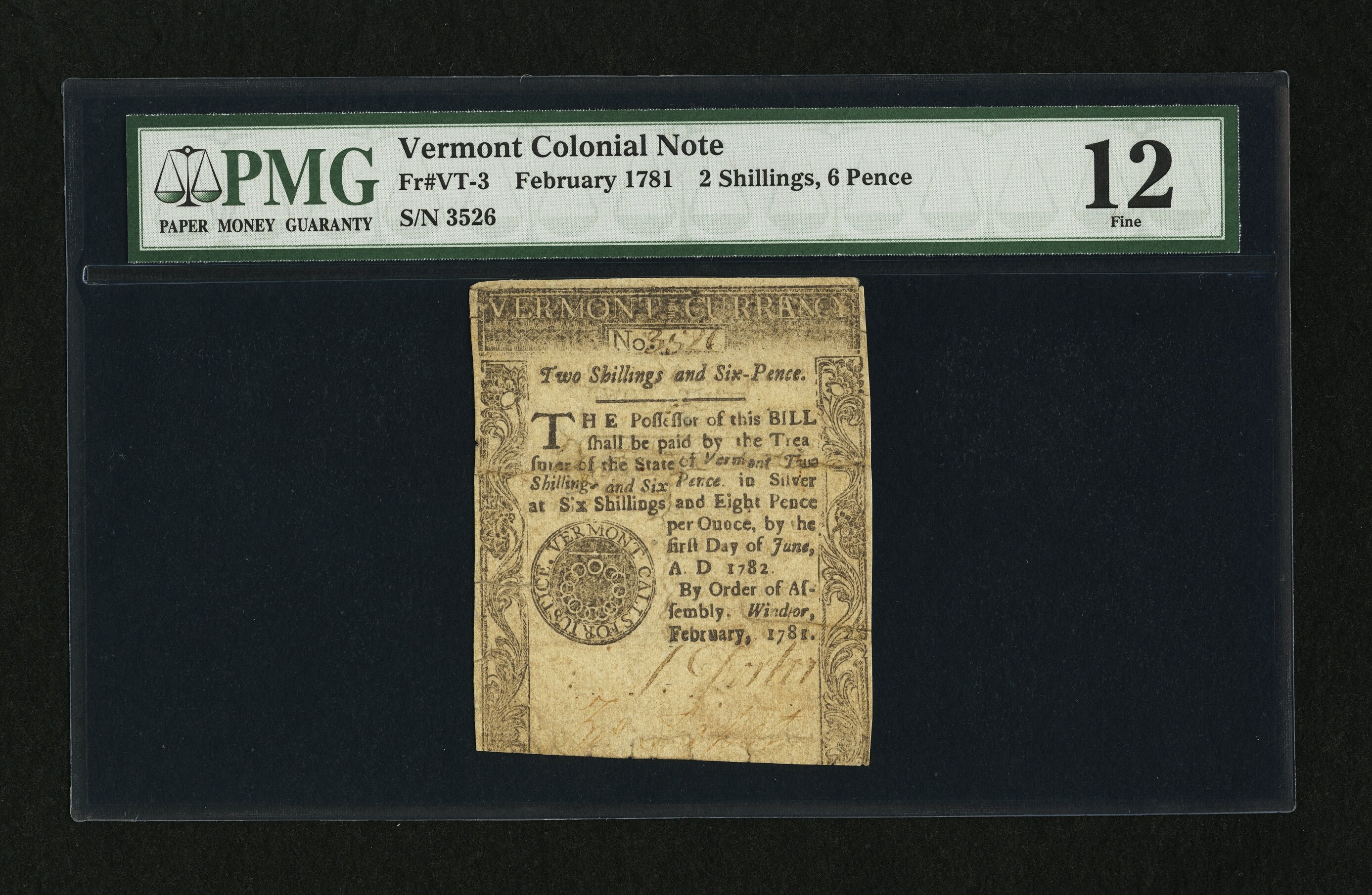 image for: Vermont February 1781 2s 6d PMG Fine 12....