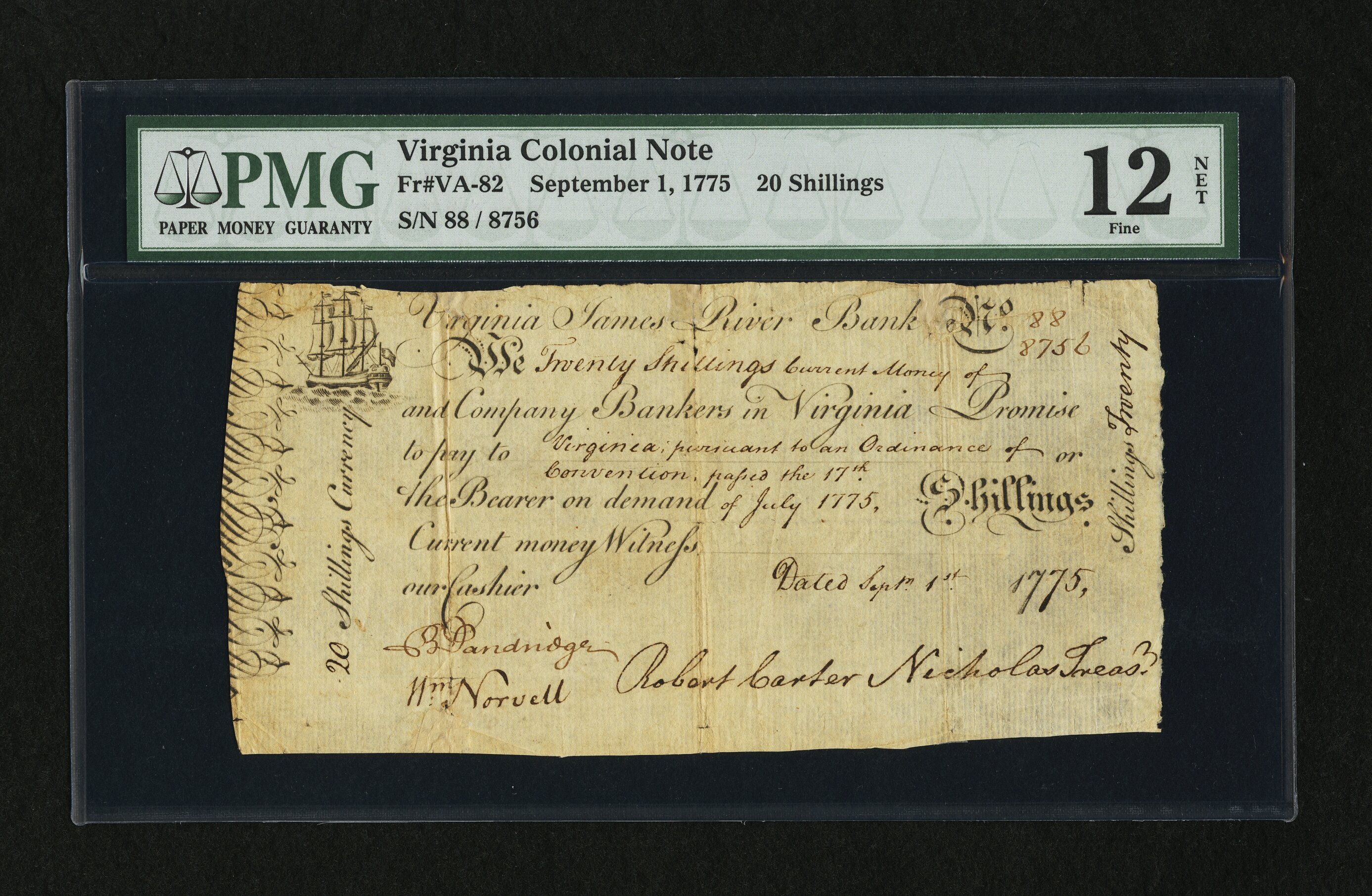 image for: Virginia September 1, 1775 20s PMG Fine 12 Net....
