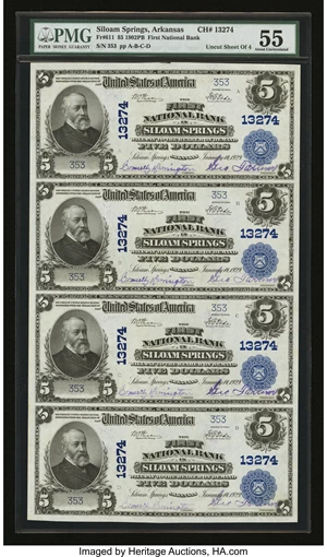 image for: Siloam Springs, AR - $5 1902 Plain Back Fr. 611 The First NB Ch. # 13274 Uncut Sheet...