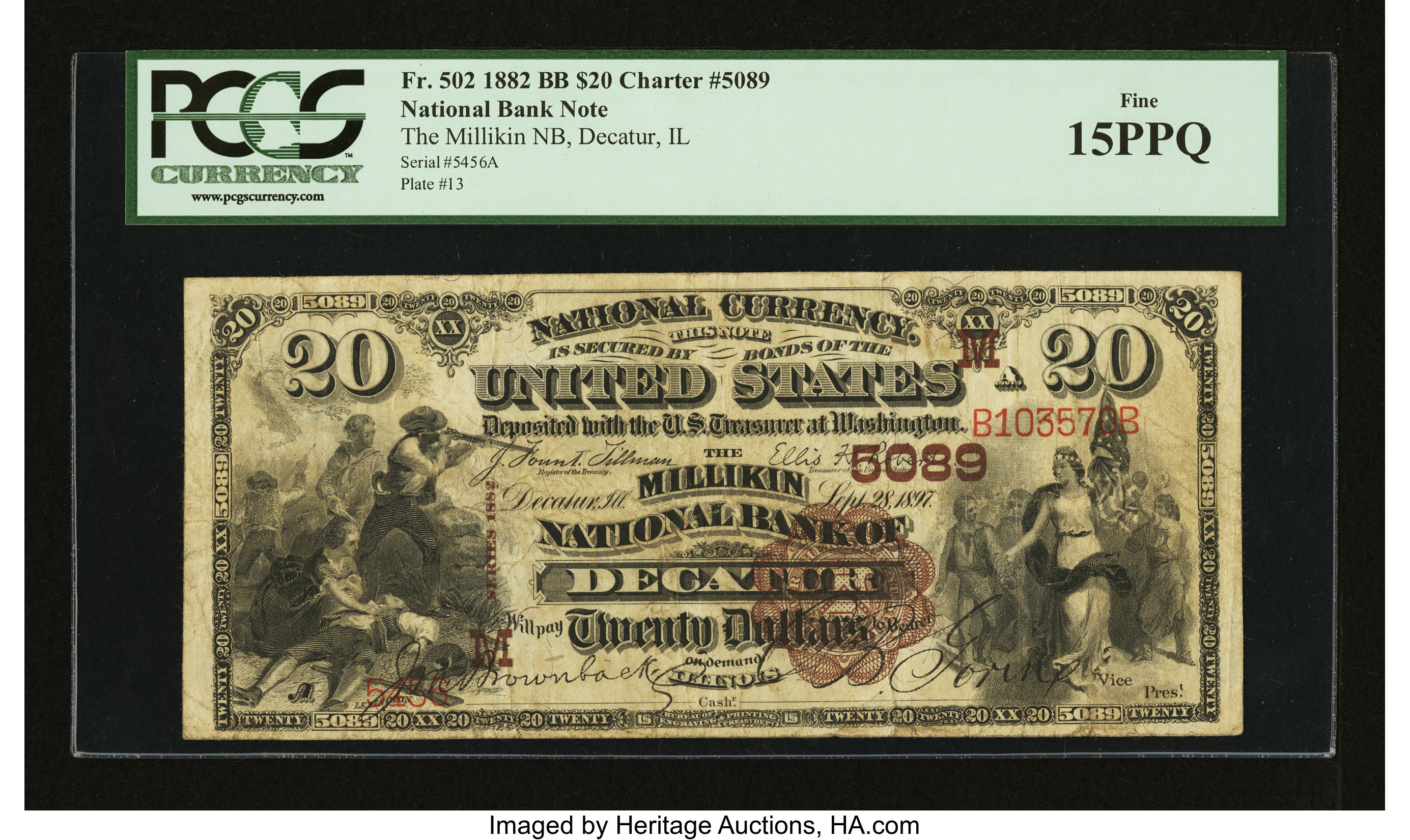 image for: Decatur, IL - $20 1882 Brown Back Fr. 502 The Millikin NB Ch. # (M)5089...