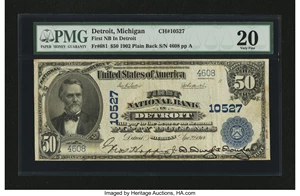image for: Detroit, MI - $50 1902 Plain Back Fr. 681 First NB Ch. # 10527...