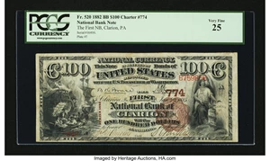 image for: Clarion, PA - $100 1882 Brown Back Fr. 520 The First NB Ch. # 774...