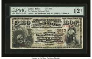 image for: Dallas, TX - $100 1882 Brown Back Fr. 522 The National Exchange Bank Ch. # 3623...