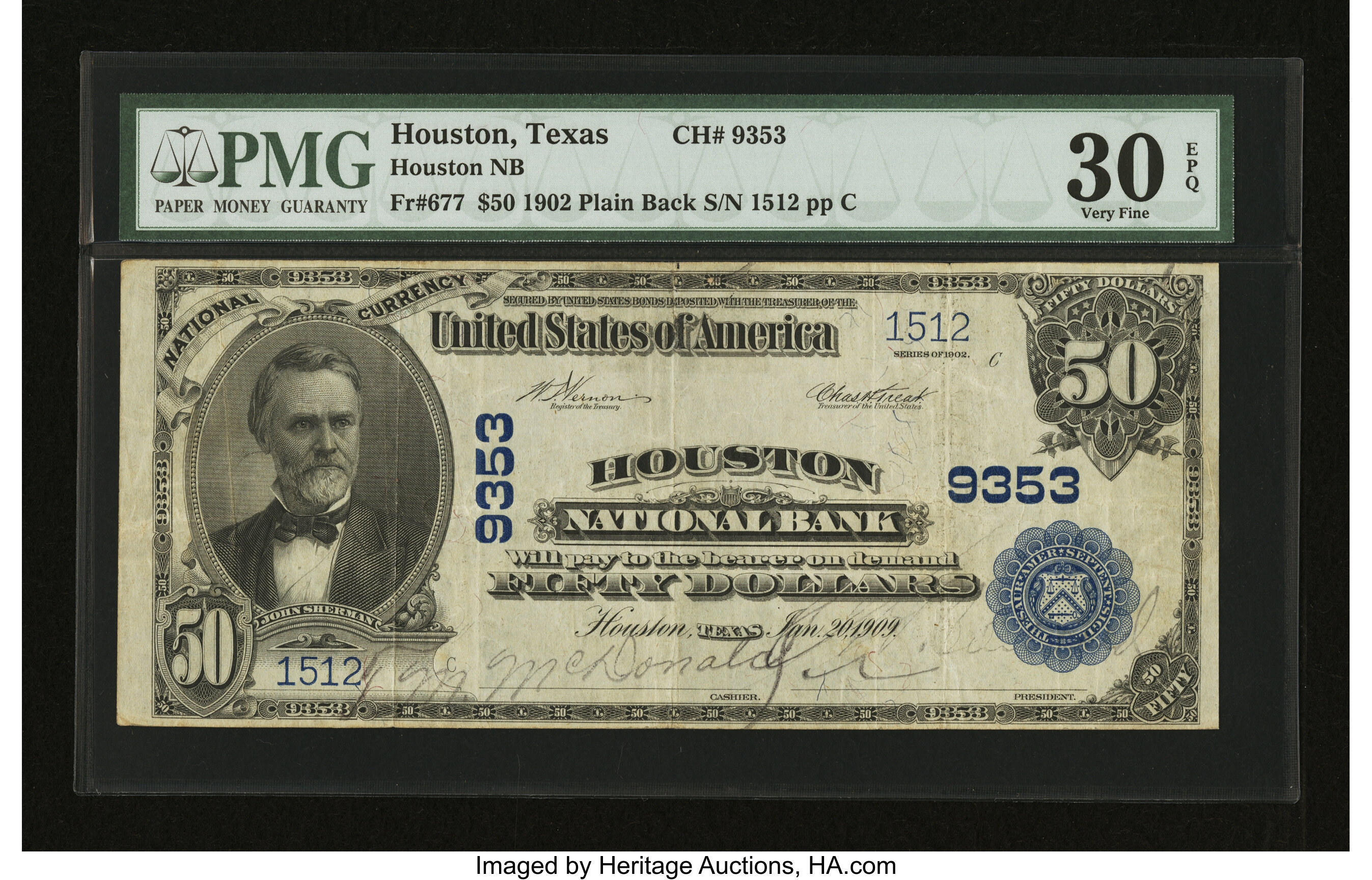 image for: Houston, TX - $50 1902 Plain Back Fr. 677 Houston NB Ch. # 9353...