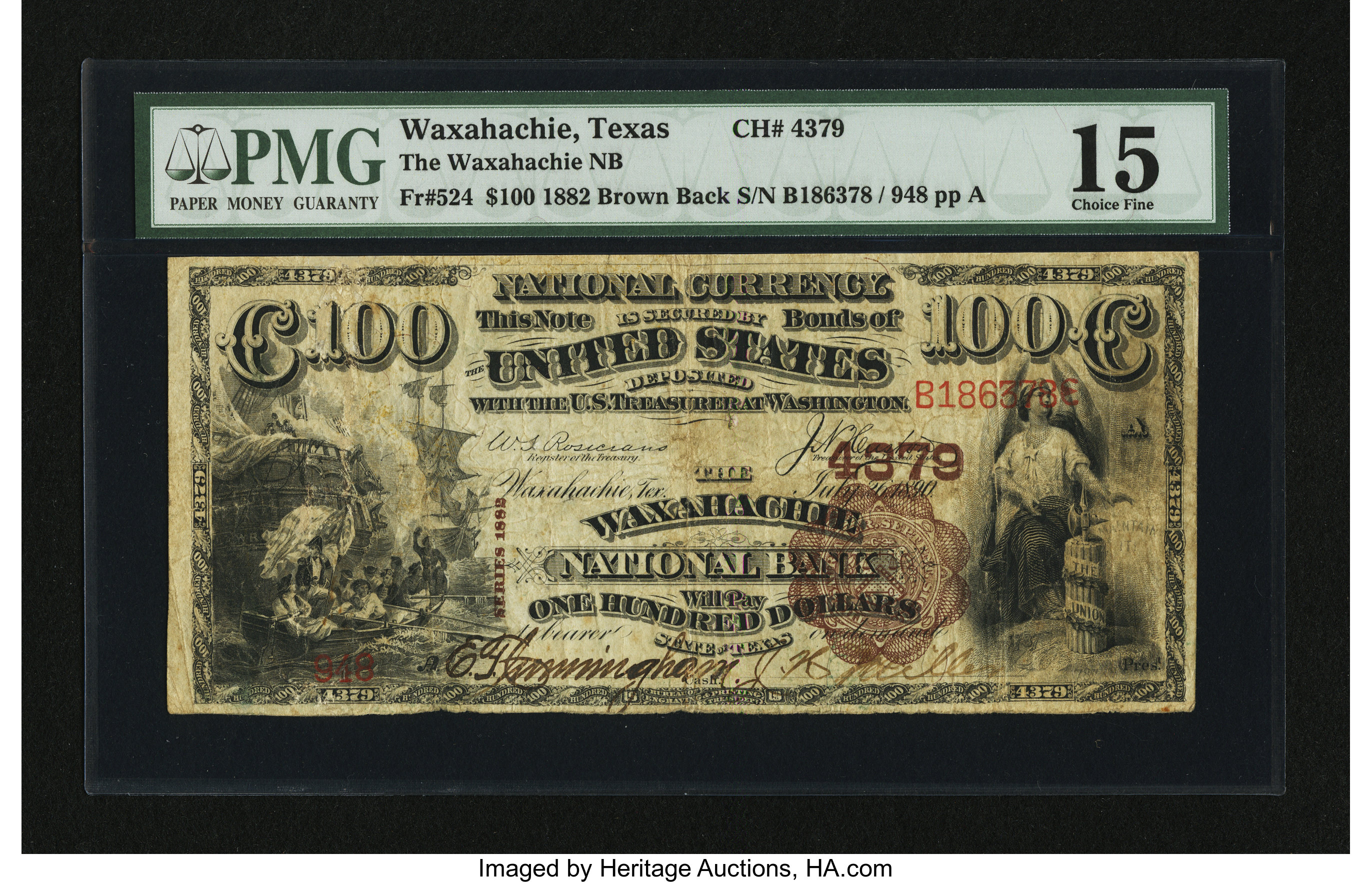 image for: Waxahachie, TX - $100 1882 Brown Back Fr. 524 The Waxahachie NB Ch. # 4379...