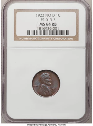image for: 1922 No D 1C Strong Reverse MS64 Red and Brown NGC....