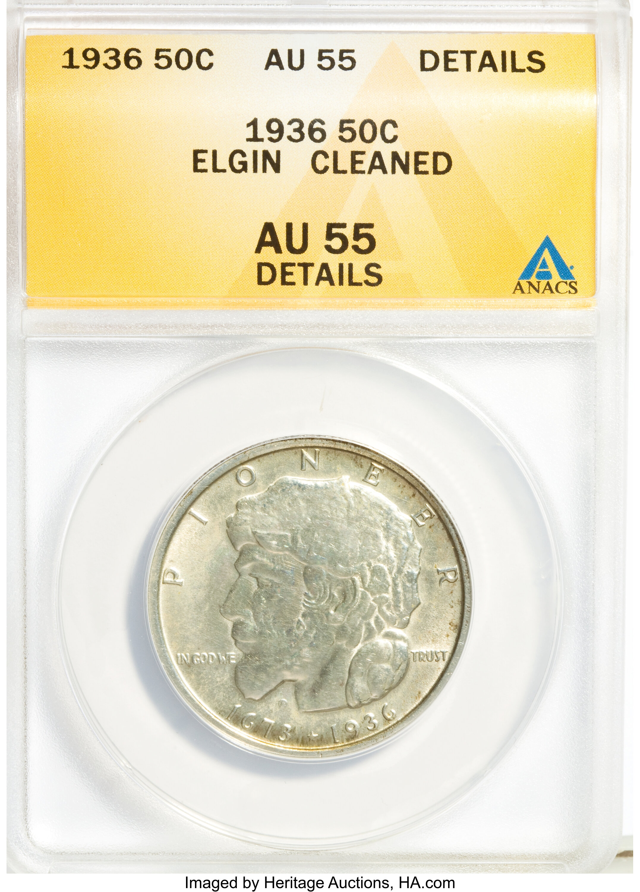 1936 50C Elgin--Cleaned--ANACS. AU55 Details. NGC Census: (0/2985). PCGS Population (0/5354). Mintage: 20,015. Numismedia W...