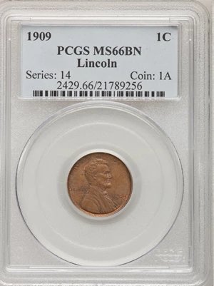 image for: 1909 1C MS66 Brown PCGS. PCGS Population (8/0). NGC Census: (9/2). Mintage: 72,702,616. Numismedia Wsl. Price for problem f...