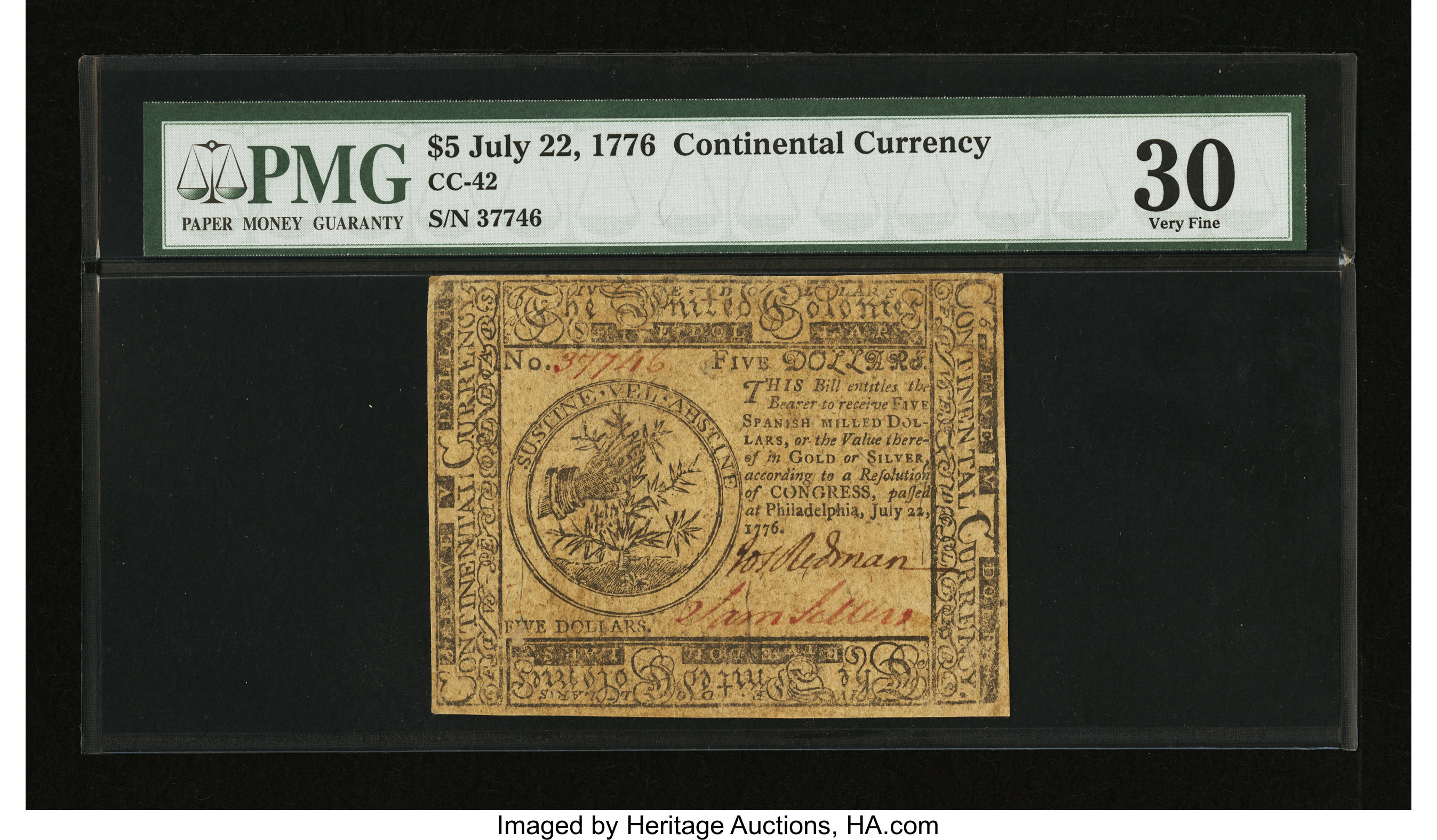 image for: Continental Currency July 22, 1776 $5 PMG Very Fine 30....