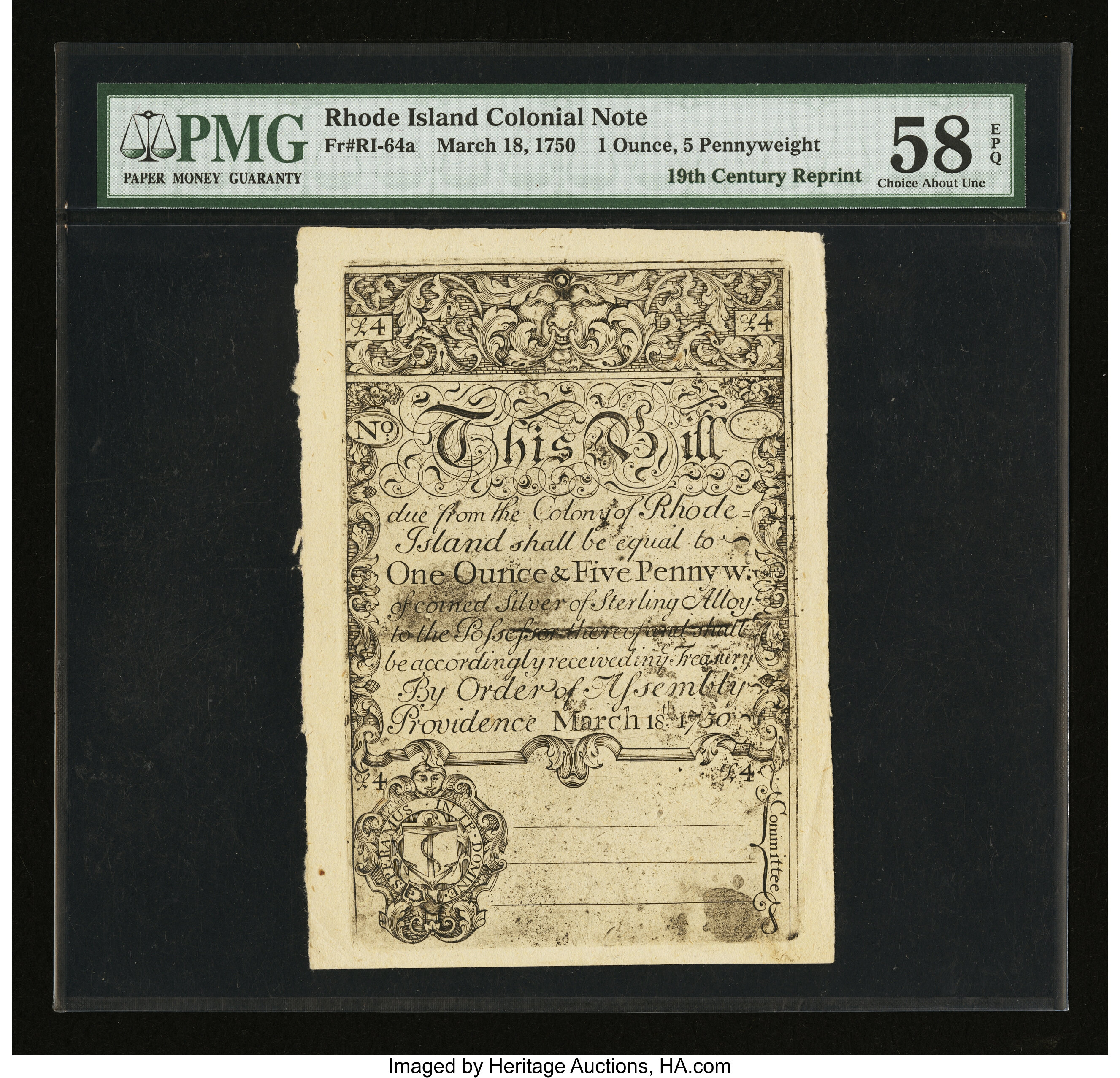 image for: 19th Century Reprint Rhode Island March 18, 1750 1 Ounce 5 Pennyweight PMG Choice About Unc 58 EPQ....