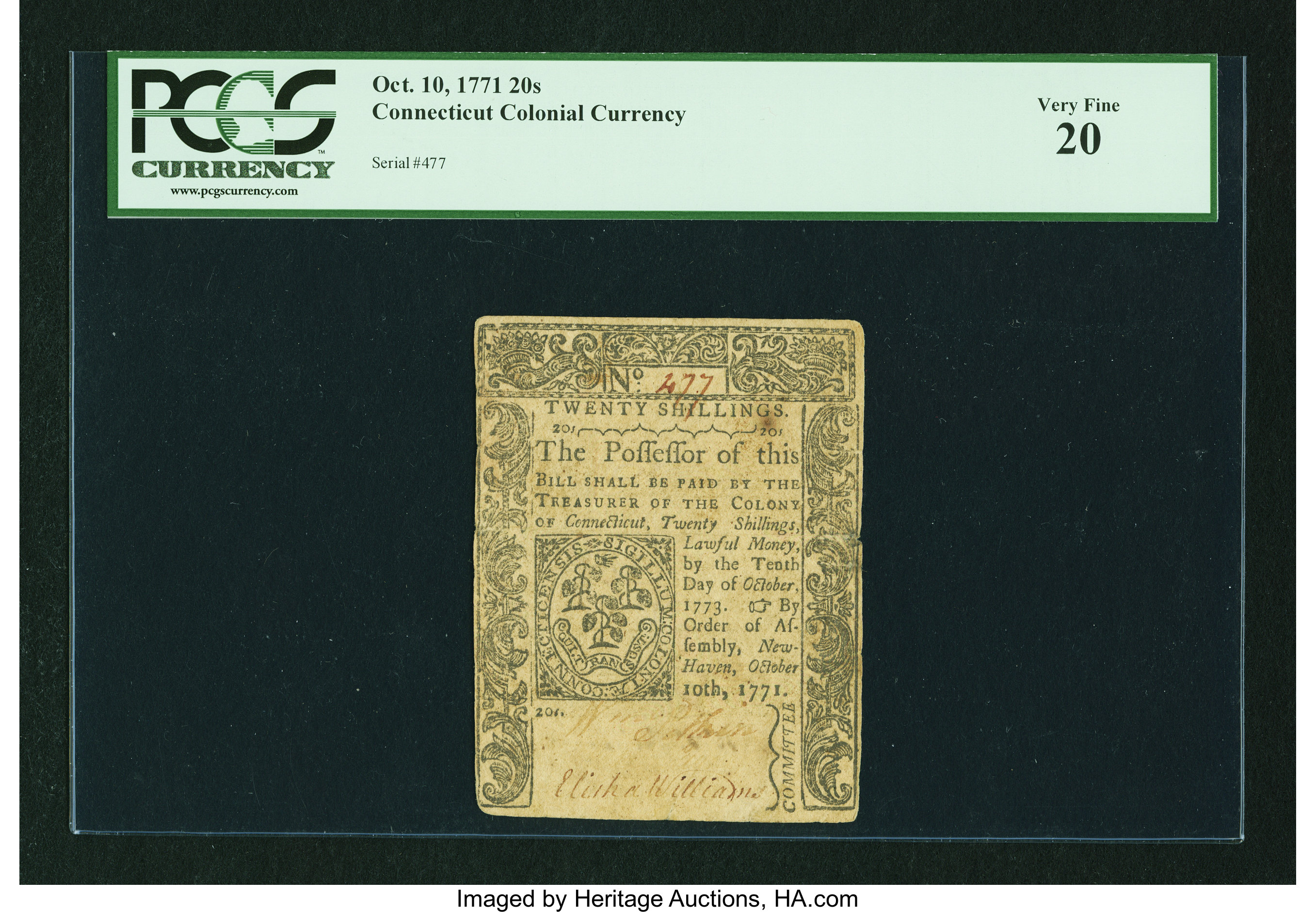 image for: Connecticut October 10, 1771 20s PCGS Very Fine 20....