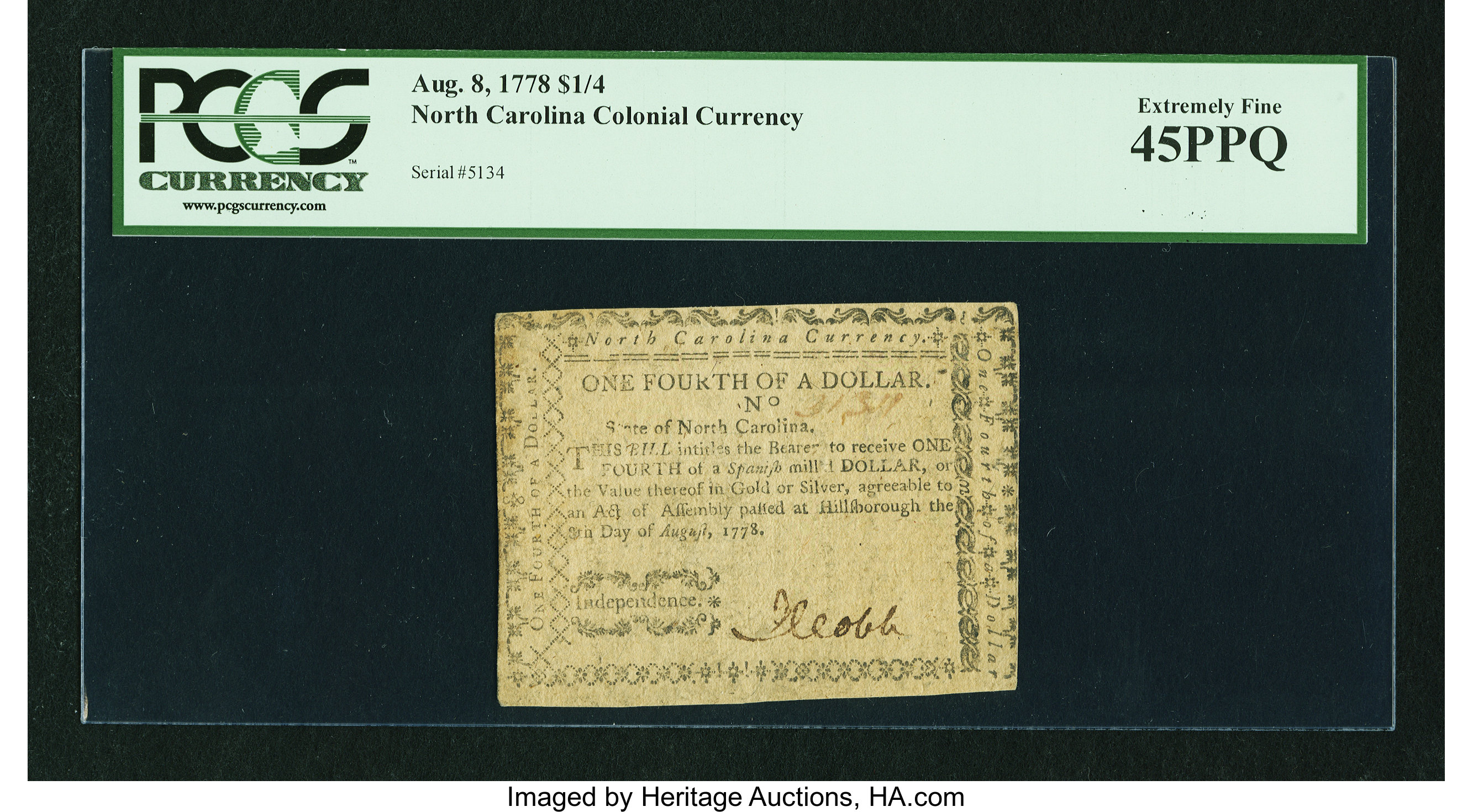 image for: North Carolina August 8, 1778 $1/4 PCGS Extremely Fine 45PPQ....
