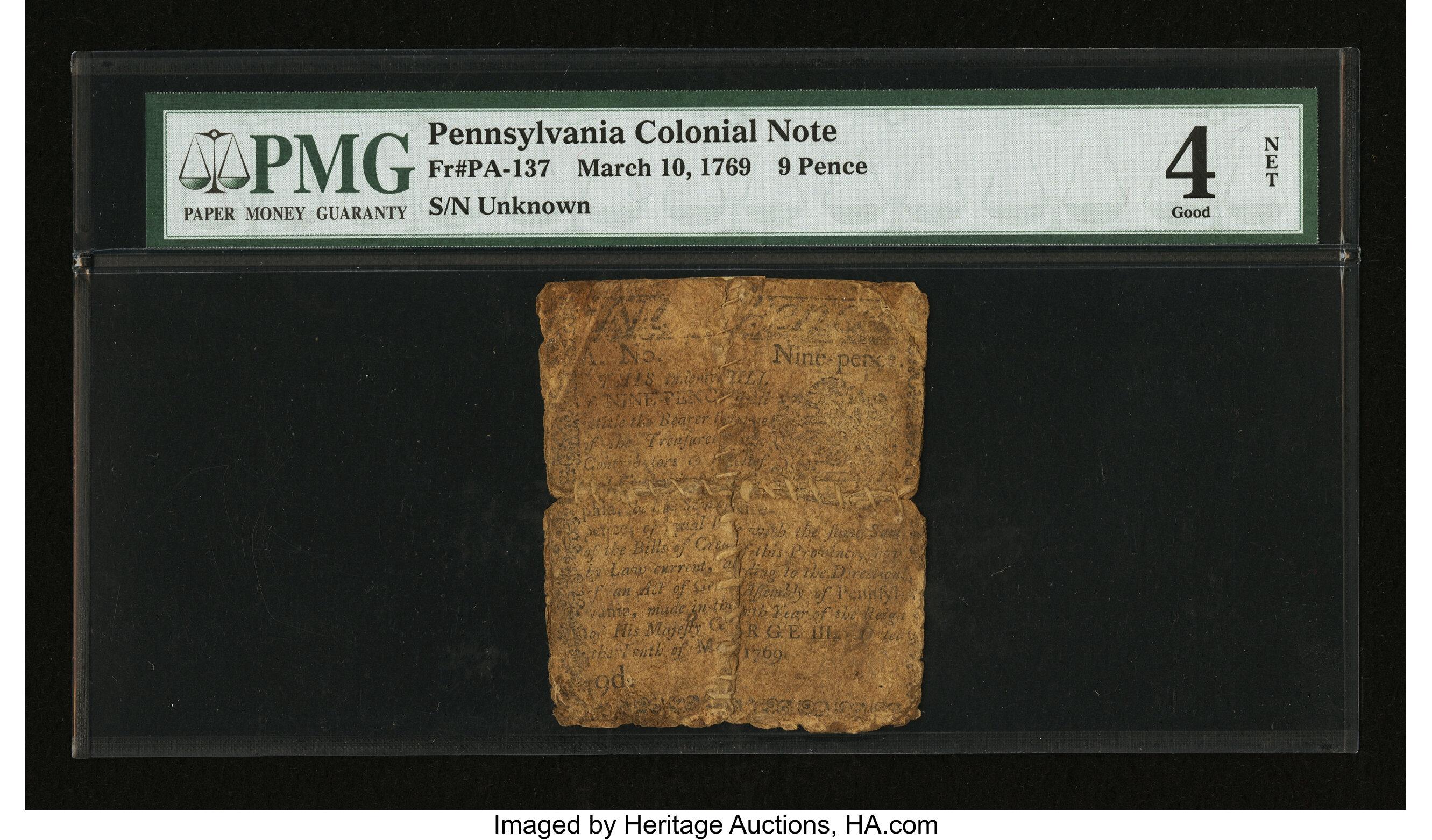 image for: Pennsylvania March 10, 1769 9d PMG Good 4 Net....