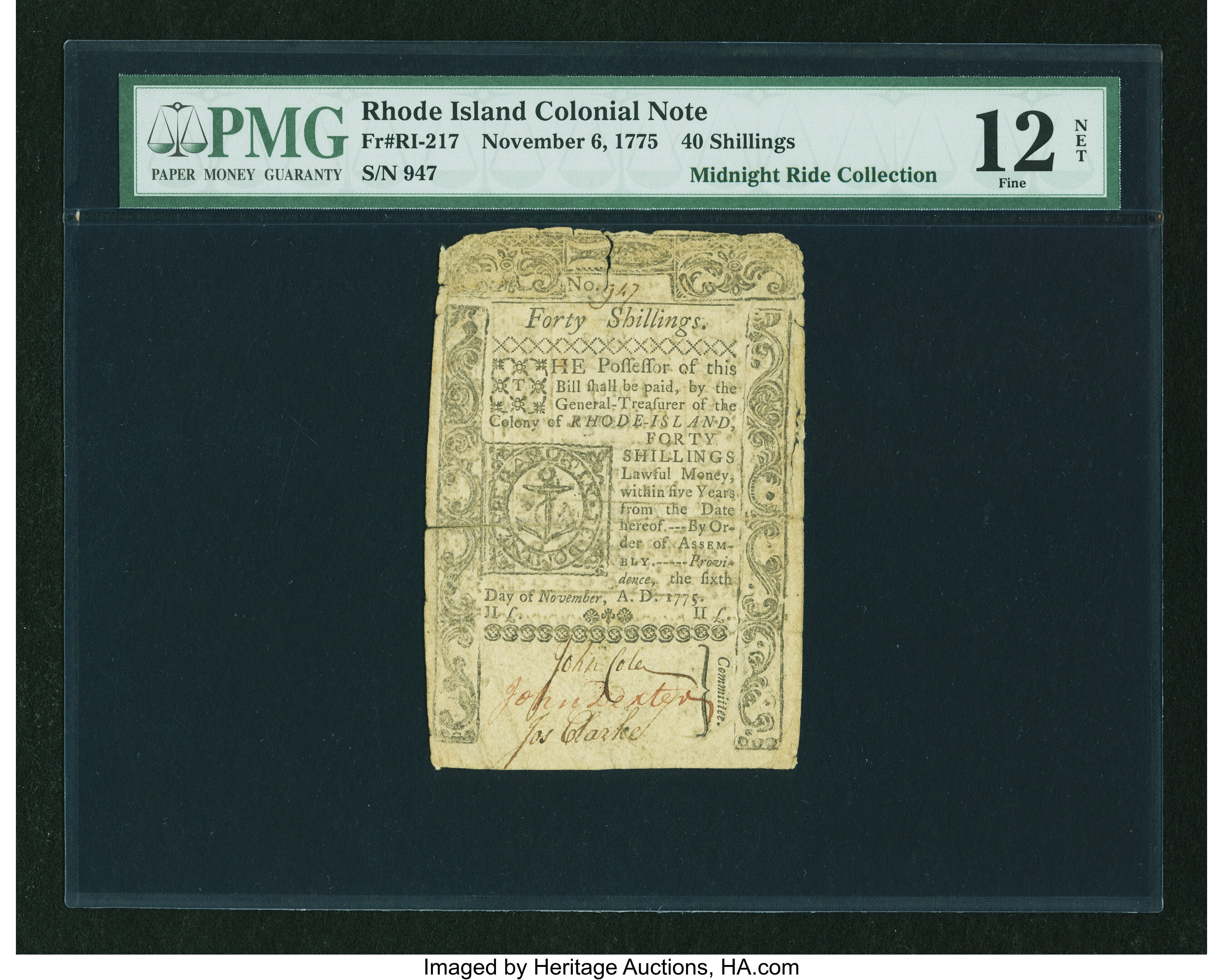 image for: Rhode Island November 6, 1775 40s PMG Fine 12 Net....