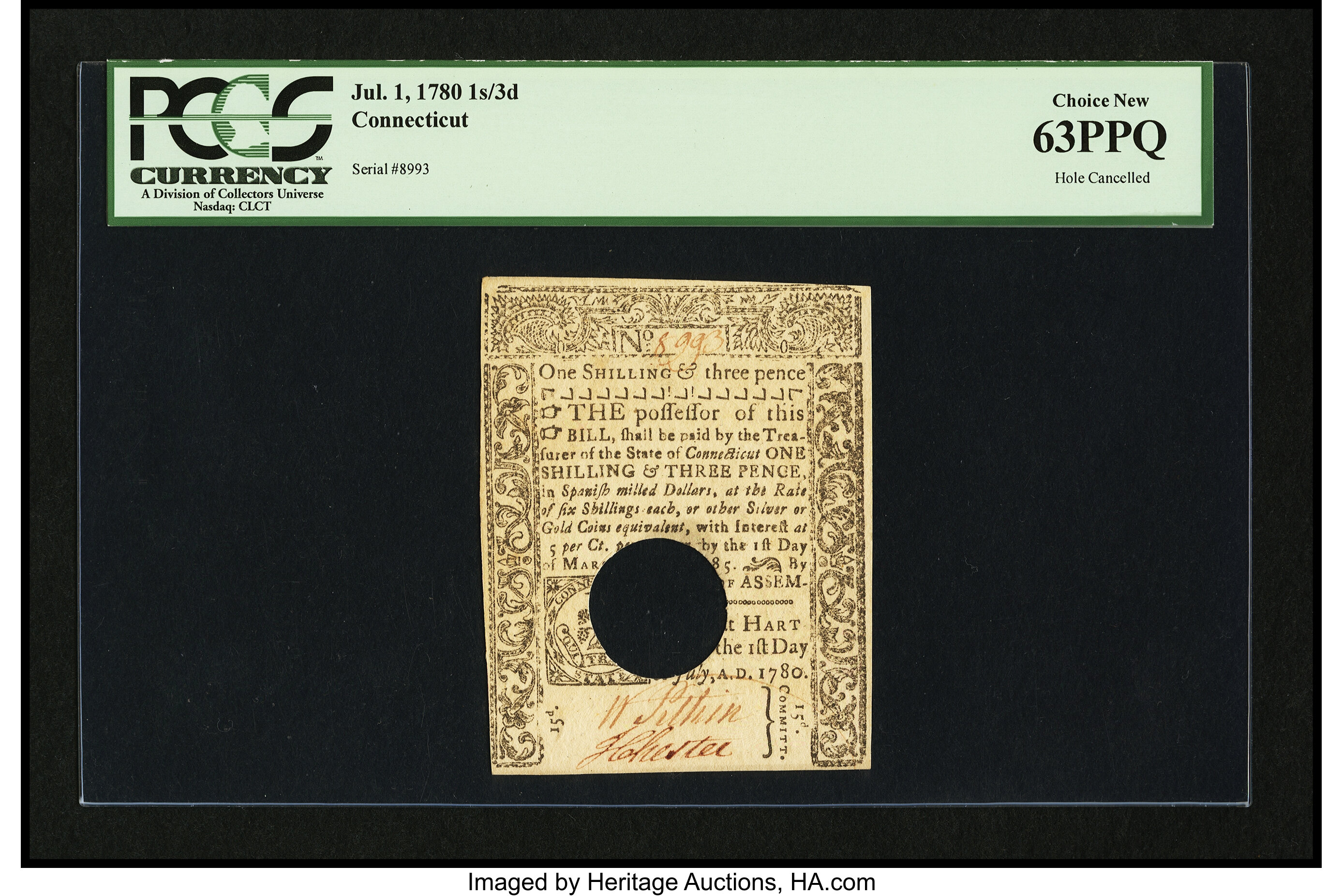 image for: Connecticut July 1, 1780 1s/3d PCGS Choice New 63PPQ, HOC....