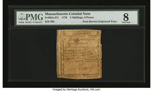 image for: Massachusetts 1779 3s/6d PMG Very Good 8....