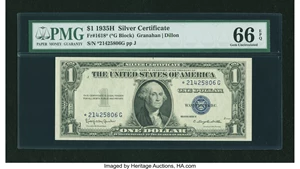 image for: Fr. 1618* $1 1935H Silver Star Certificate. PMG Gem Uncirculated 66 EPQ....