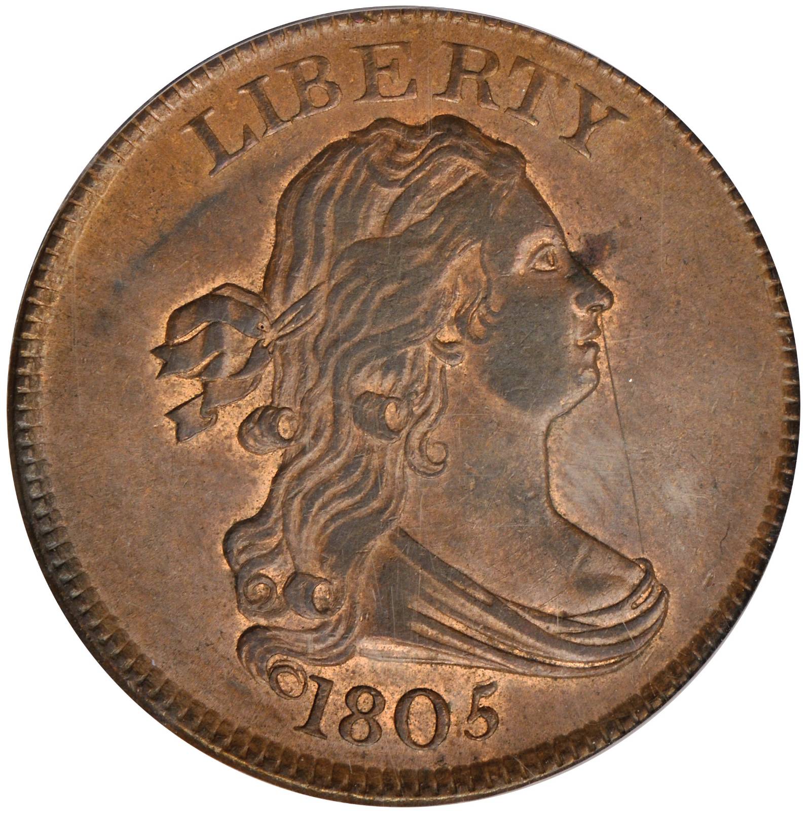 1805 Draped Bust Half Cent. C-1, B-1. Rarity-1. Medium 5, Stemless. MS-61 BN (PCGS).