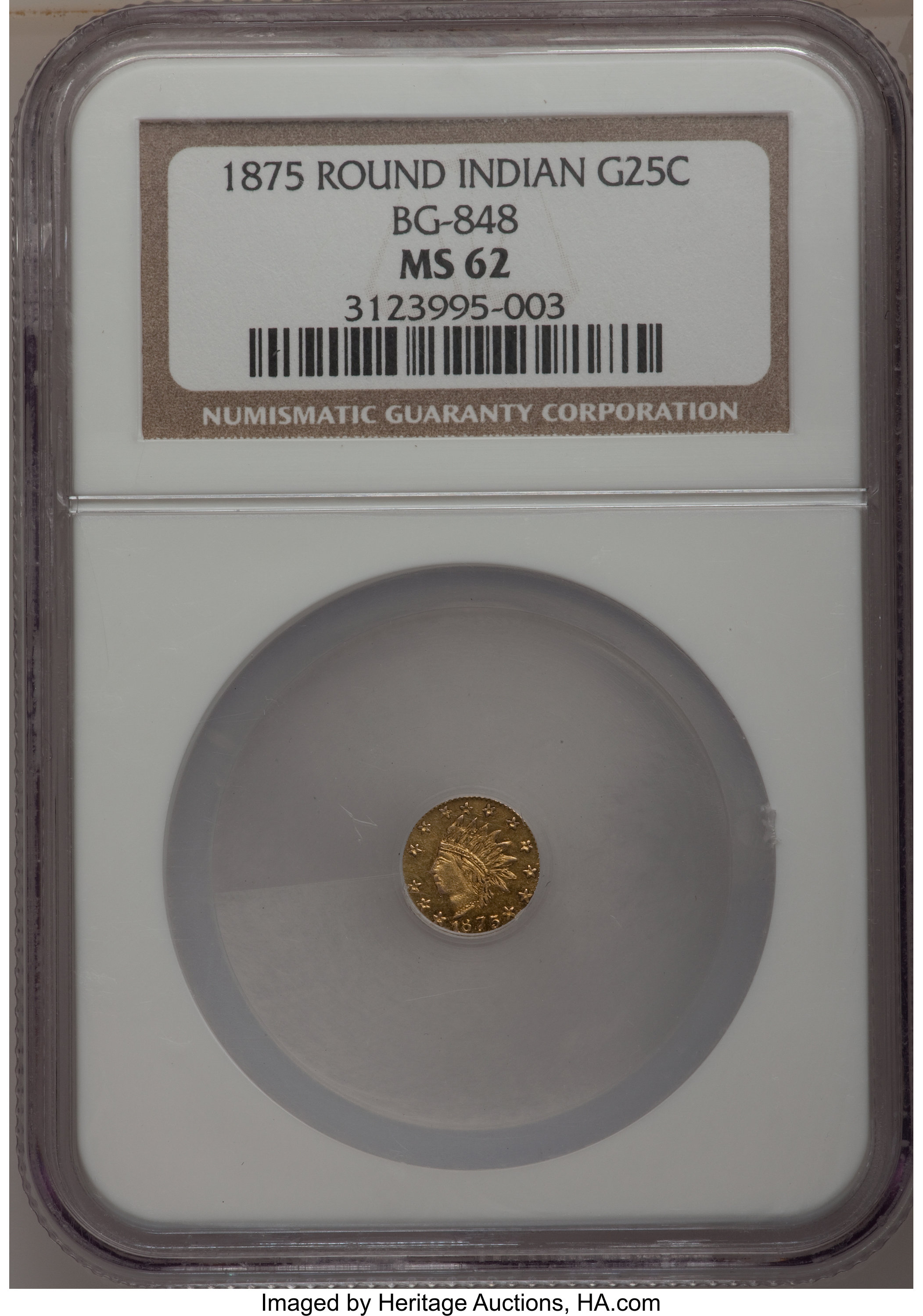 image for: 1875 25C Indian Round 25 Cents, BG-848, Low R.7, MS62 NGC. NGC Census: (1/0). PCGS Population (3/6).   (#10709)...
