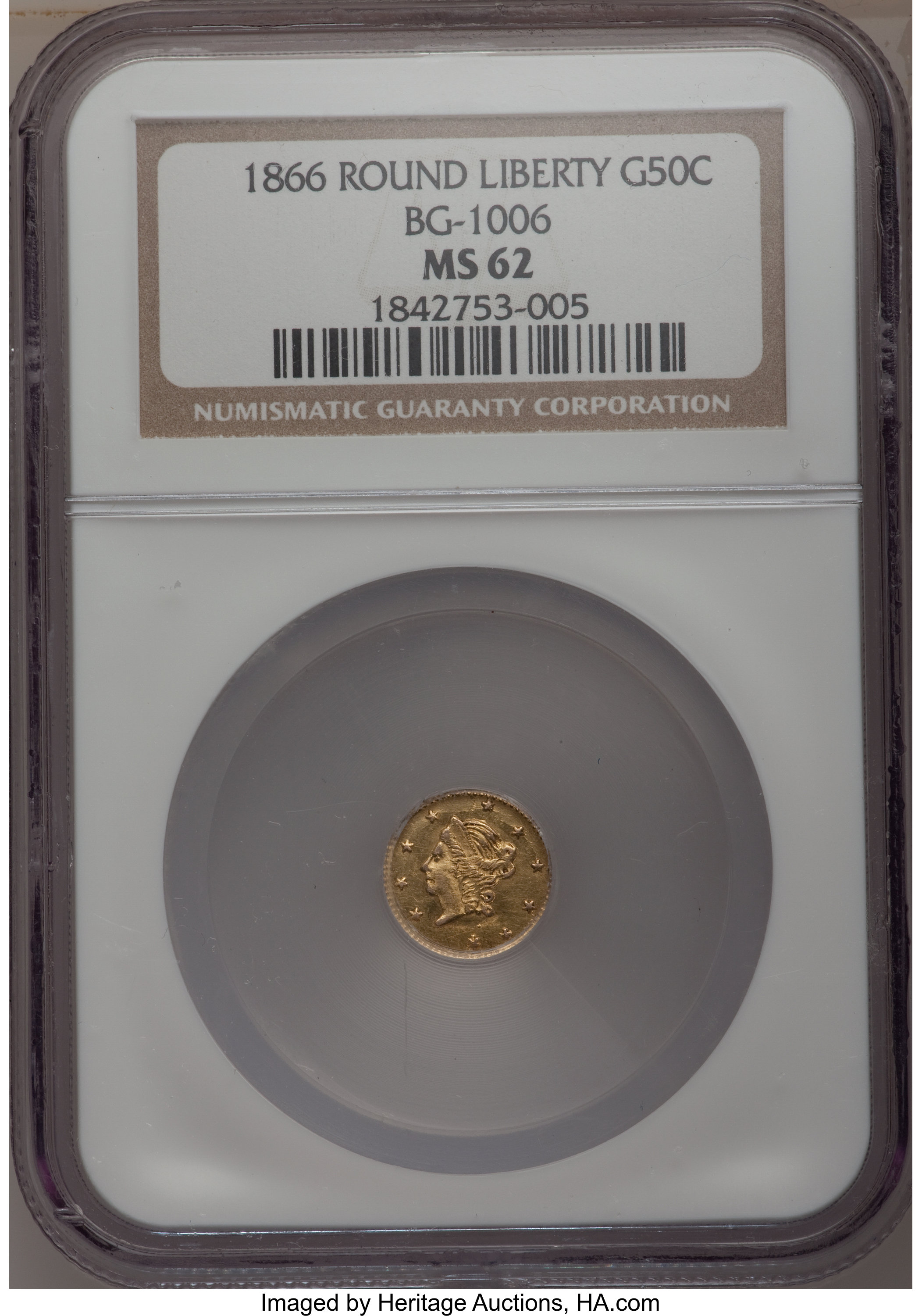 image for: 1866 50C Liberty Round 50 Cents, BG-1006, R.5, MS62 NGC. NGC Census: (2/4). PCGS Population (4/21).   (#10835)...