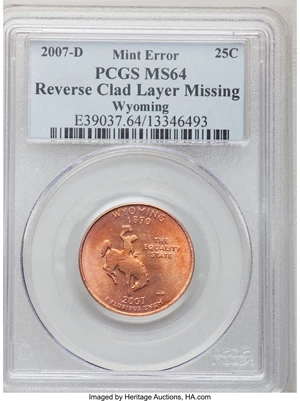 image for: 2007-D 25C Statehood Quarter, Wyoming--Reverse Clad Layer Missing--MS64 PCGS....