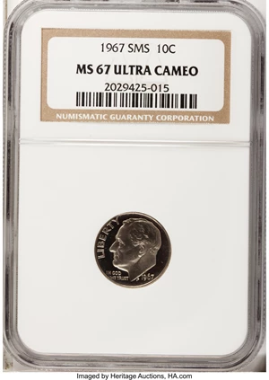 image for: 1967 10C SMS MS67 Ultra Cameo NGC. NGC Census: (11/7). PCGS Population (12/3). (#95242)...