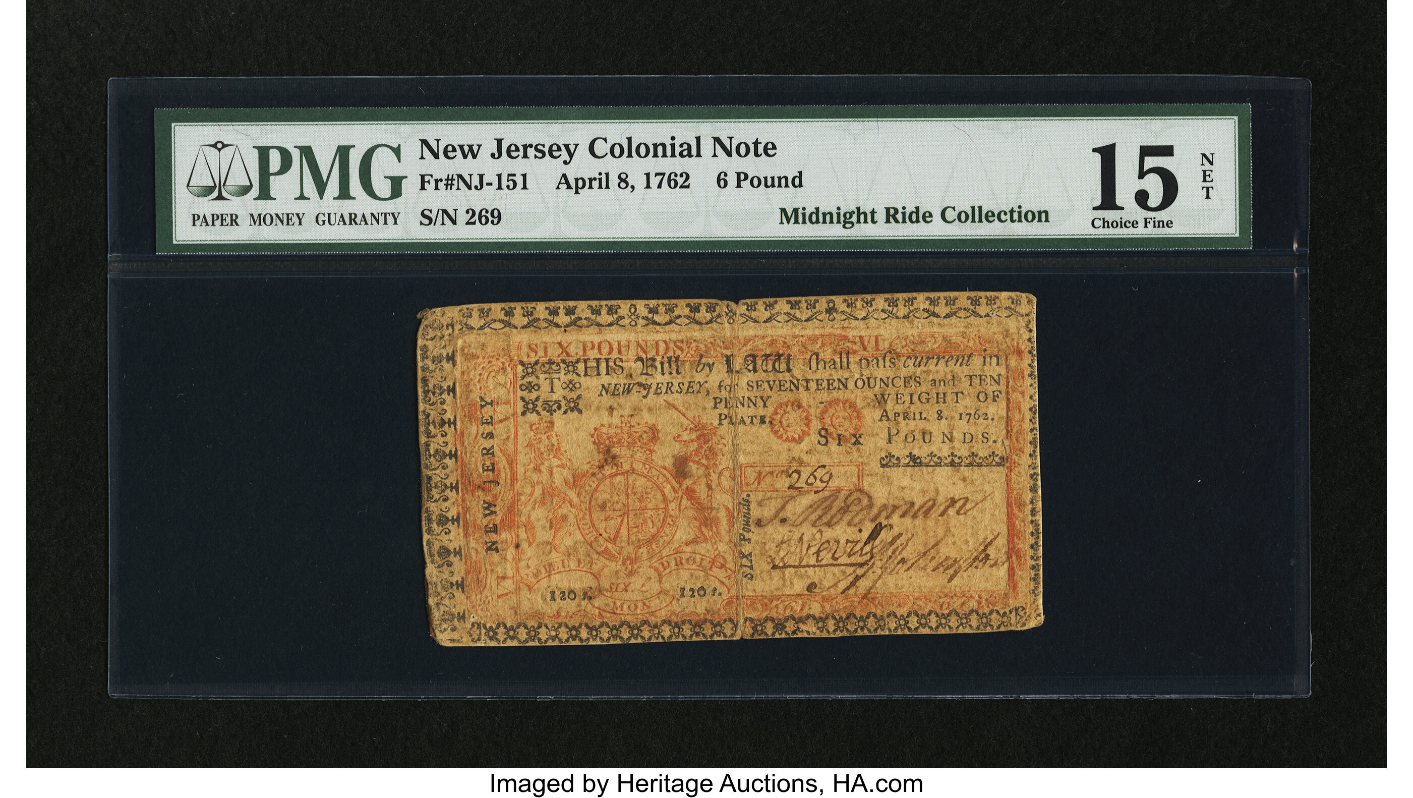 image for: New Jersey April 8, 1762 £6 PMG Choice Fine 15 Net....