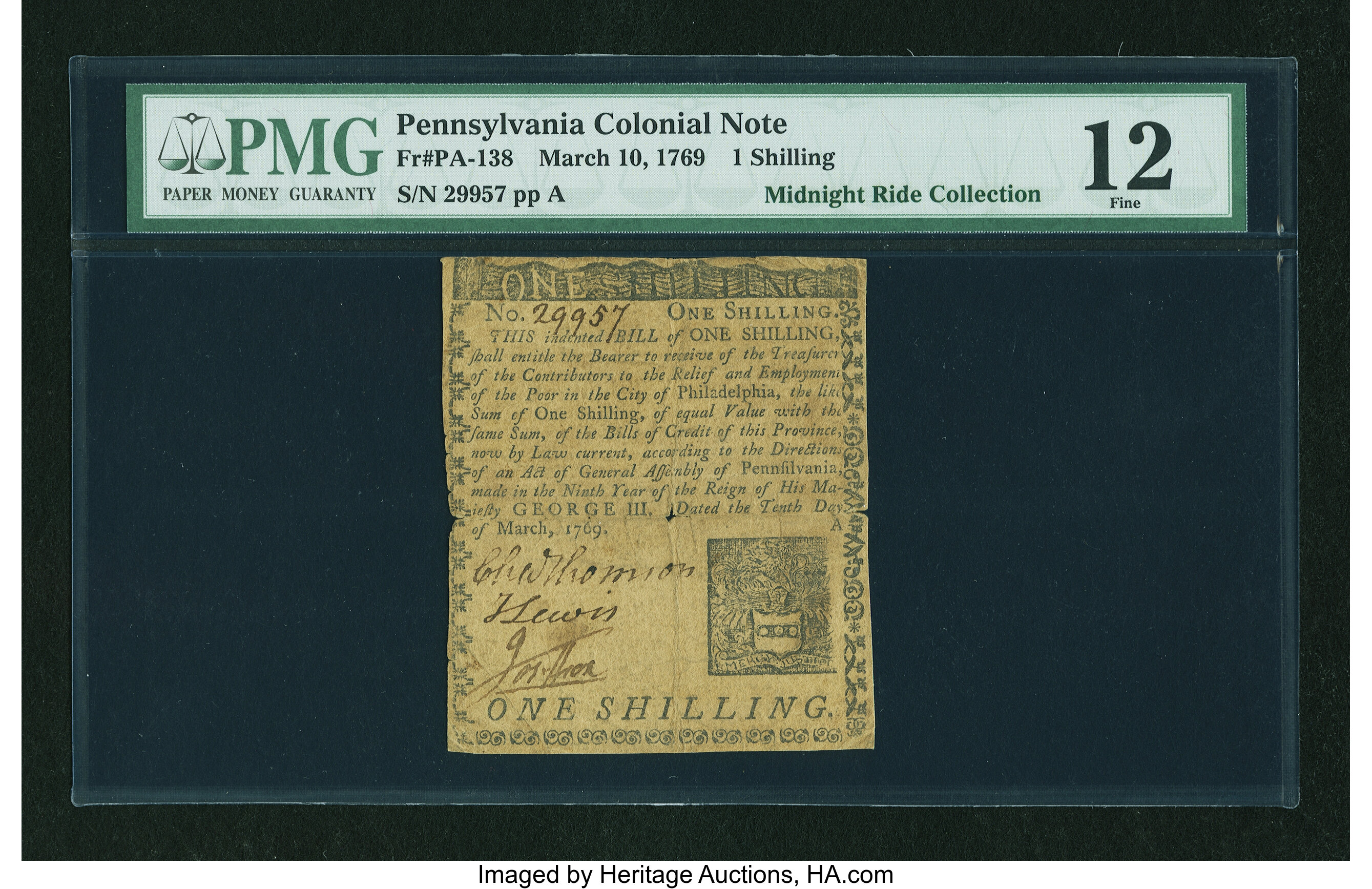 image for: Pennsylvania March 10, 1769 1s PMG Fine 12....