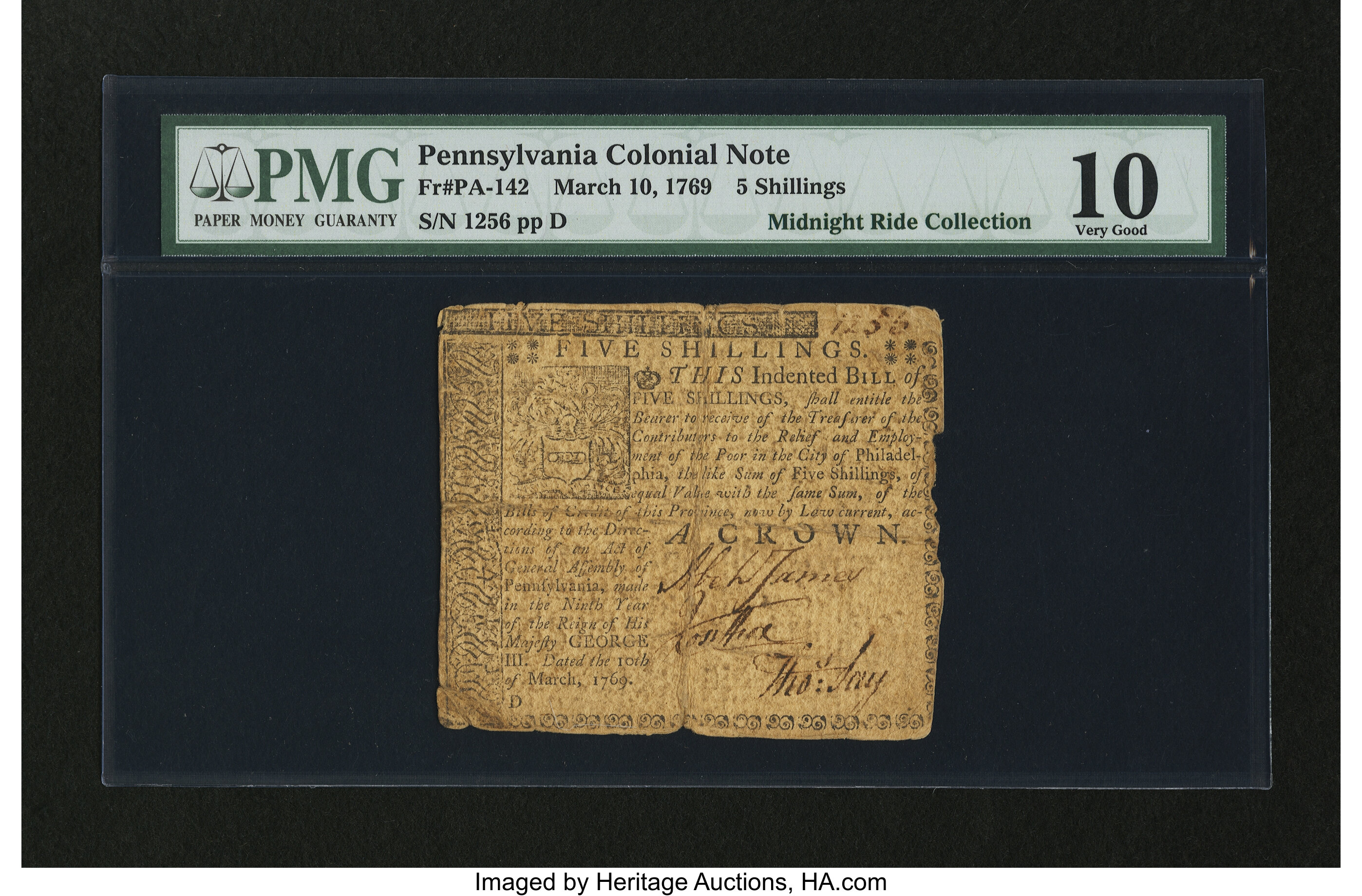 image for: Pennsylvania March 10, 1769 5s PMG Very Good 10....