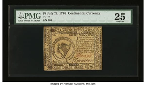 image for: Continental Currency July 22, 1776 $8 PMG Very Fine 25....
