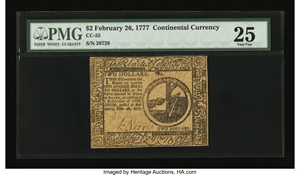 image for: Continental Currency February 26, 1777 $2 PMG Very Fine 25....