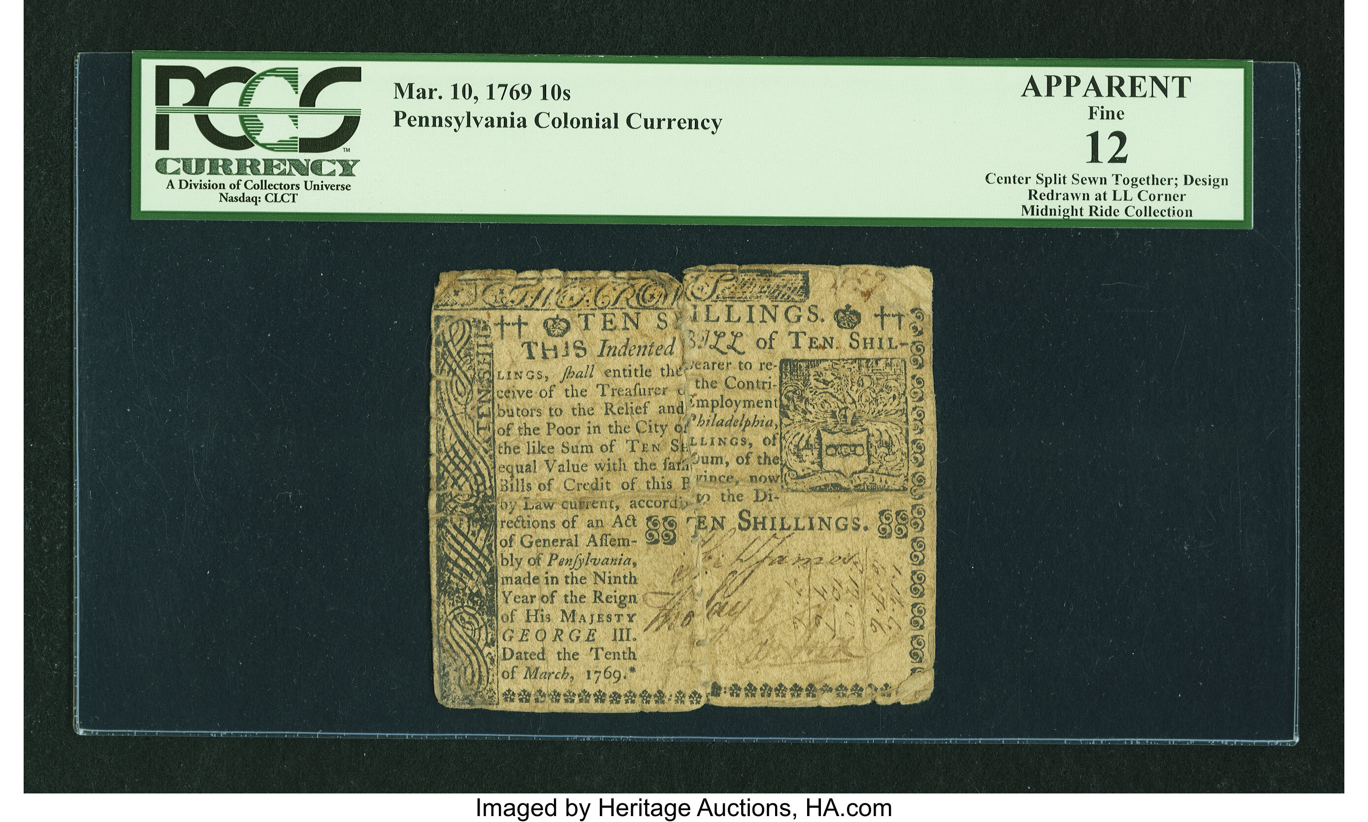 image for: Pennsylvania March 10, 1769 10s PCGS Apparent Fine 12....
