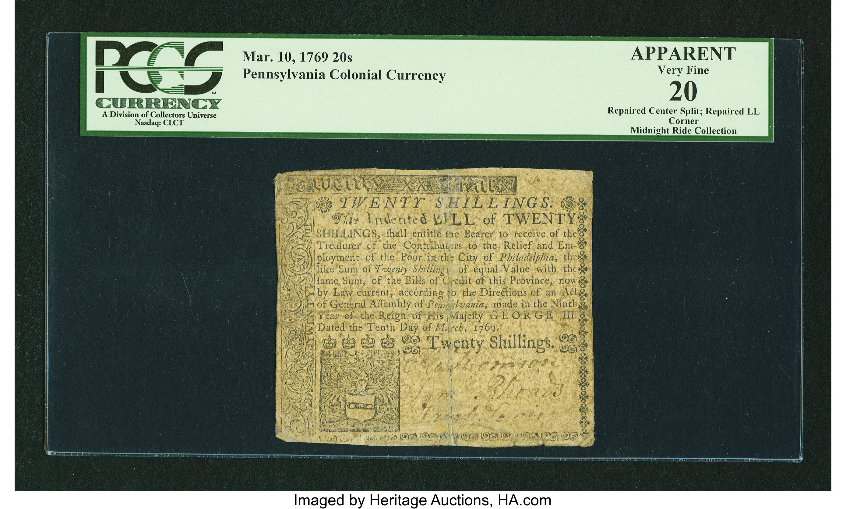 image for: Pennsylvania March 10, 1769 20s PCGS Apparent Very Fine 20....