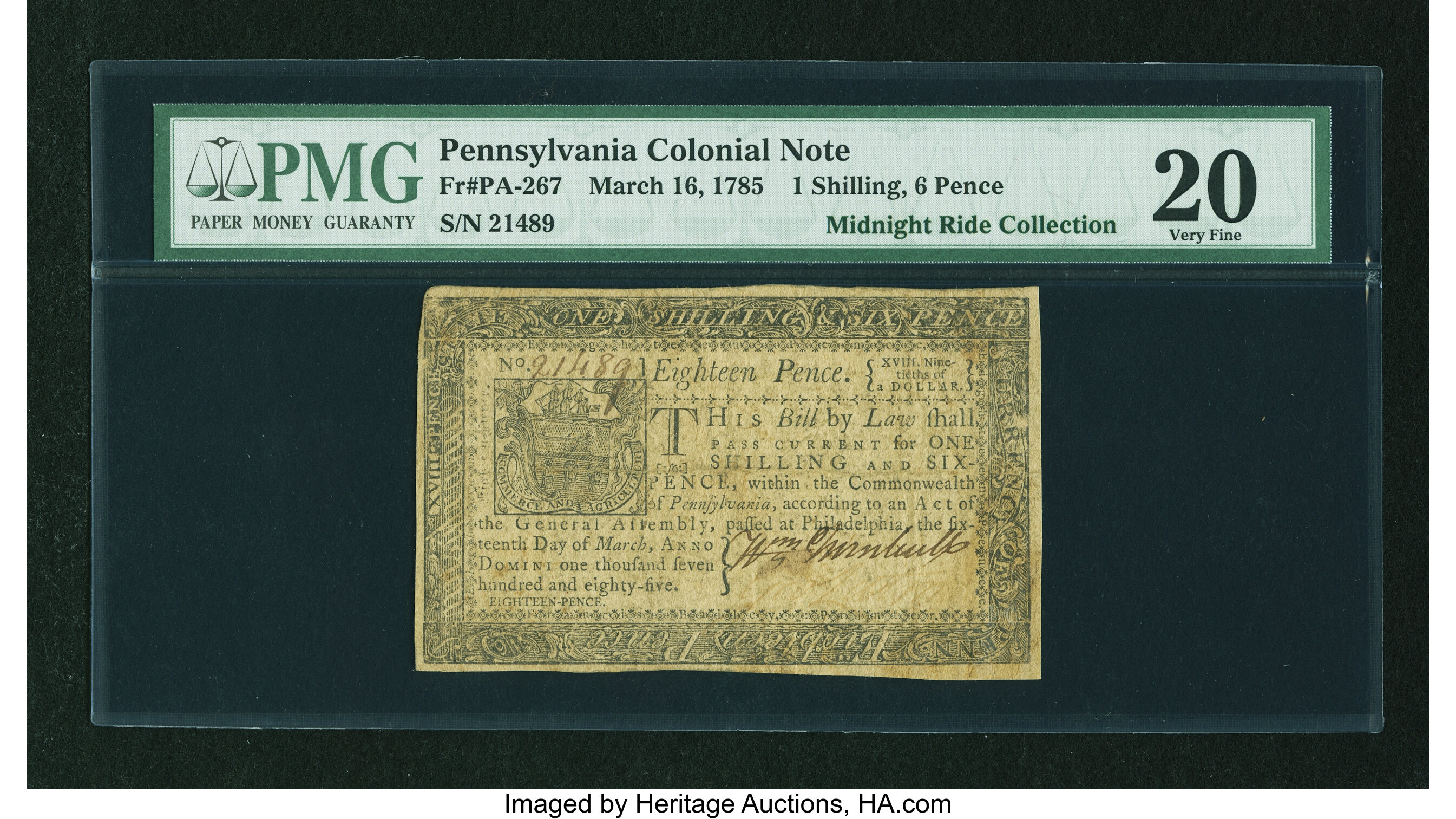image for: Pennsylvania March 16, 1785 1s/6d PMG Very Fine 20....